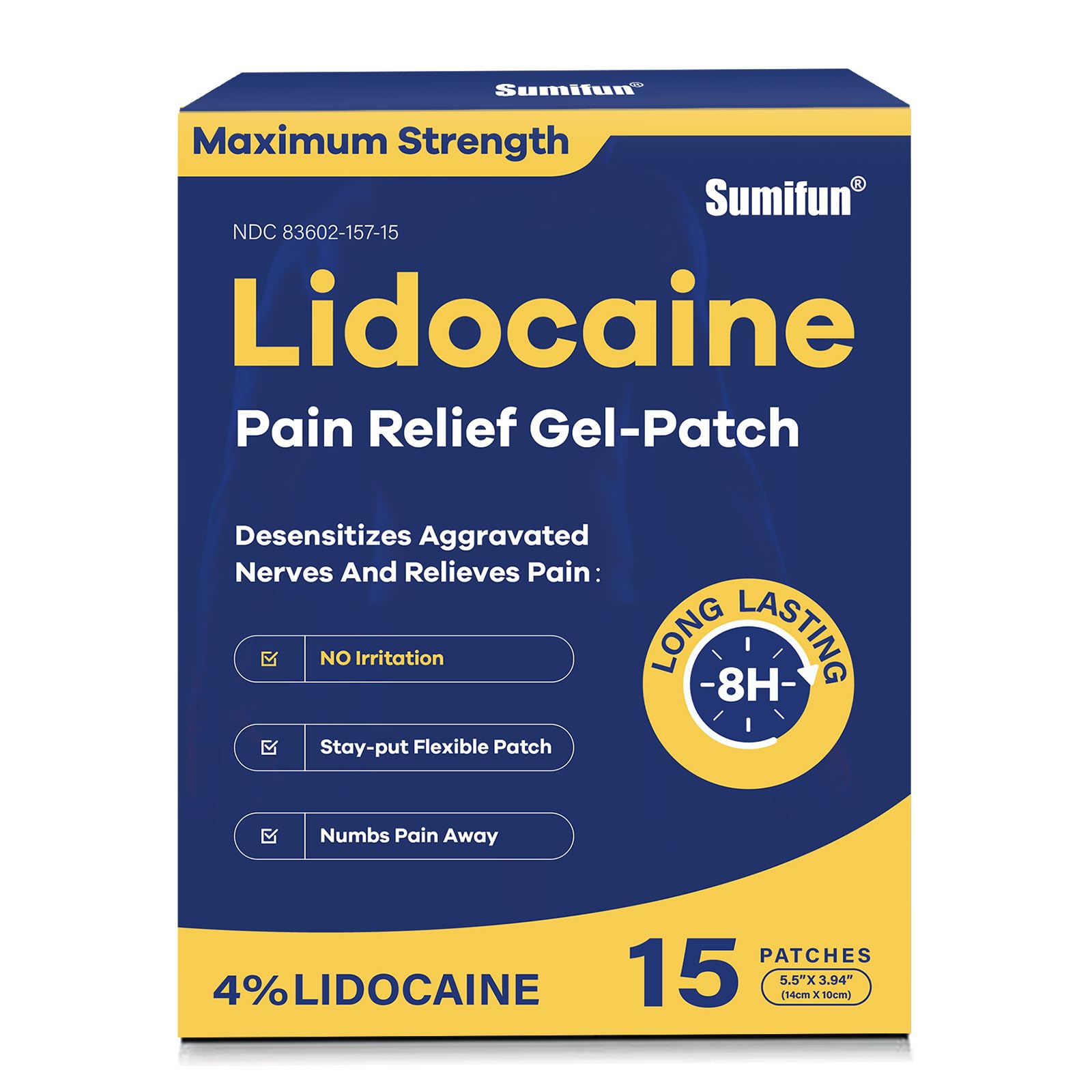 Sumifun 4% Lidocaine Pain Relief Patches 15 Counts Maximum Strength Numbing Gel Patch for Back Knee Neck Joint Ache Muscle Soreness Topical Analgesic SumifunAu supplements