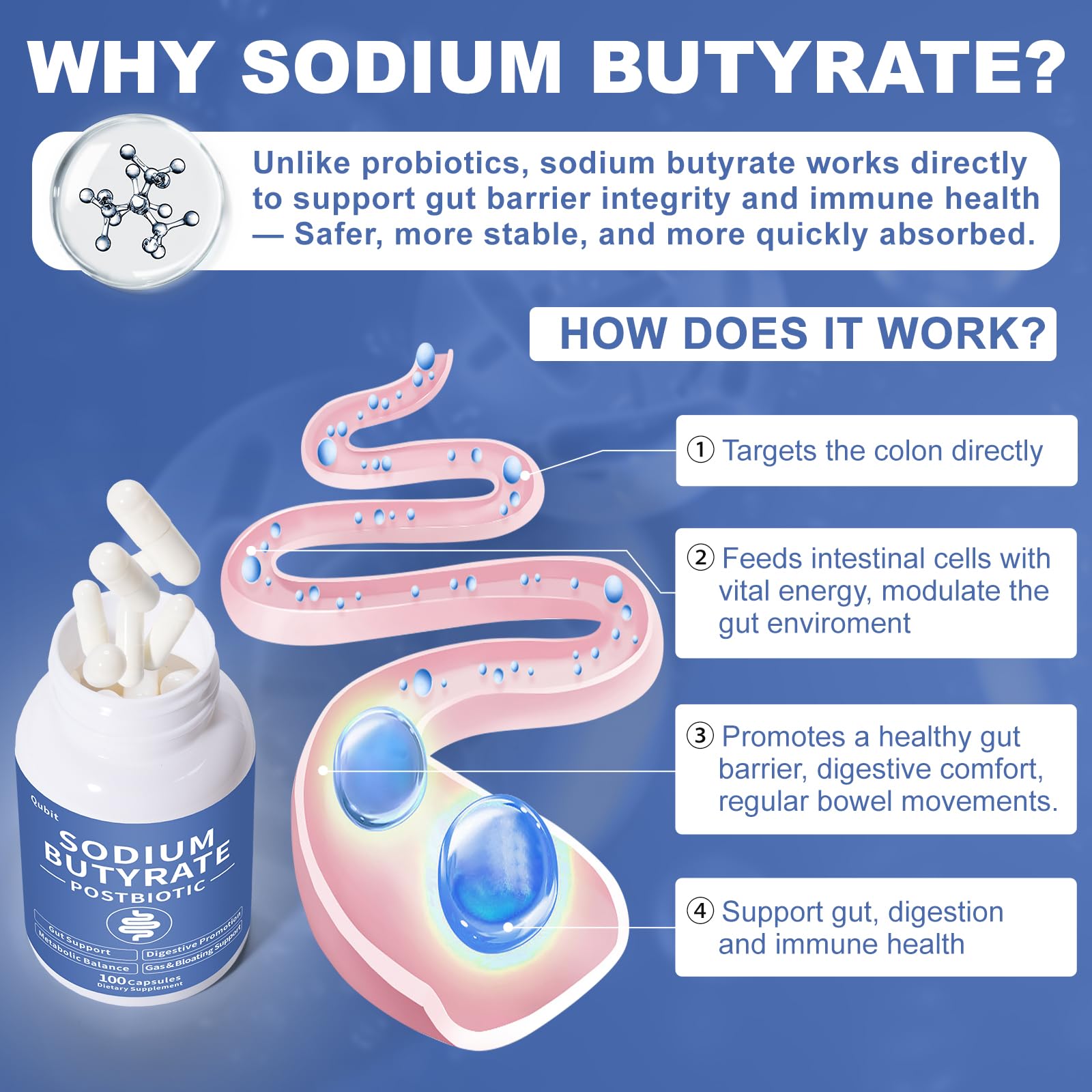 Sodium Butyrate Supplement – Postbiotic for Gut Health, Supports Digestion, IBS, Leaky Gut & Stomach Comfort – Low Odor, Easy to Swallow, No Side Effects – 100 Vegan Capsules QUBITAu supplements