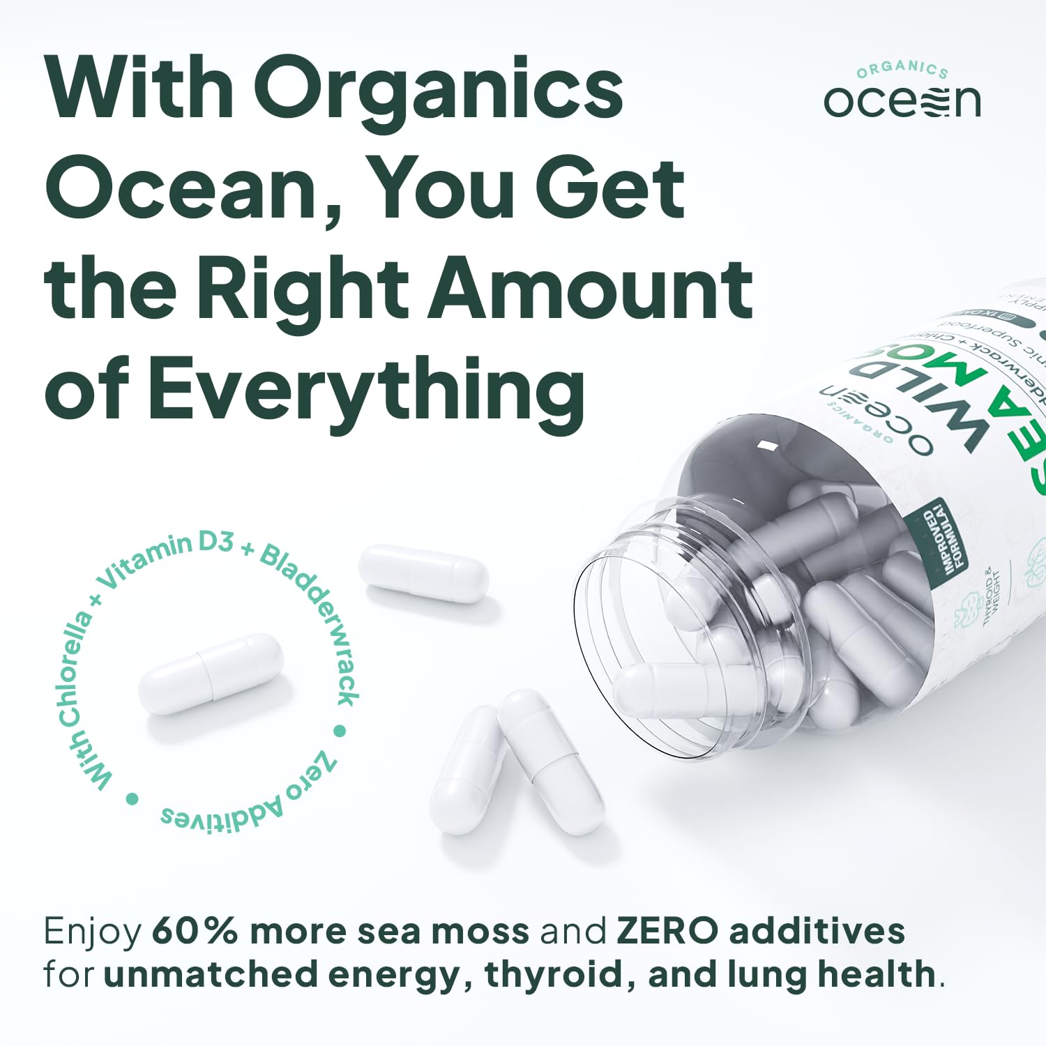 Organics Ocean Wild Sea Moss Capsules - 100% Organic Irish Sea Moss with Organic Chlorella, Bladderwrack and Vitamin D for Energy, Lung Health and Thyroid Support for Women and Men - 60 Capsules Organics OceanAu supplements