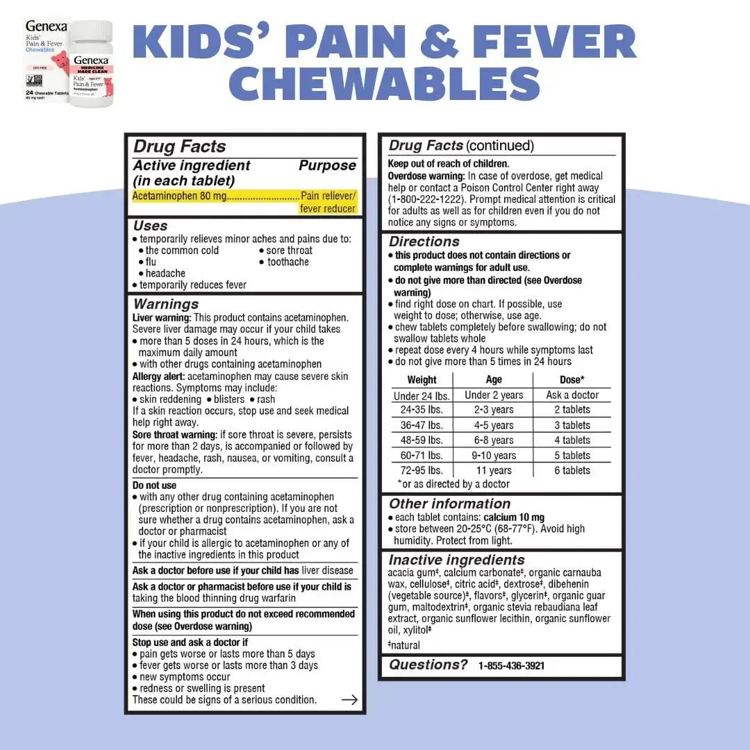 Genexa Kids' Clean Pain & Fever Acetaminophen Bundle | Relieves Fever & Minor Aches and Pain | Dye Free, 0% Artificial Additives | Chewable Tablets & Liquid Oral Suspension for Children Aged 2-11 GenexaAu supplements