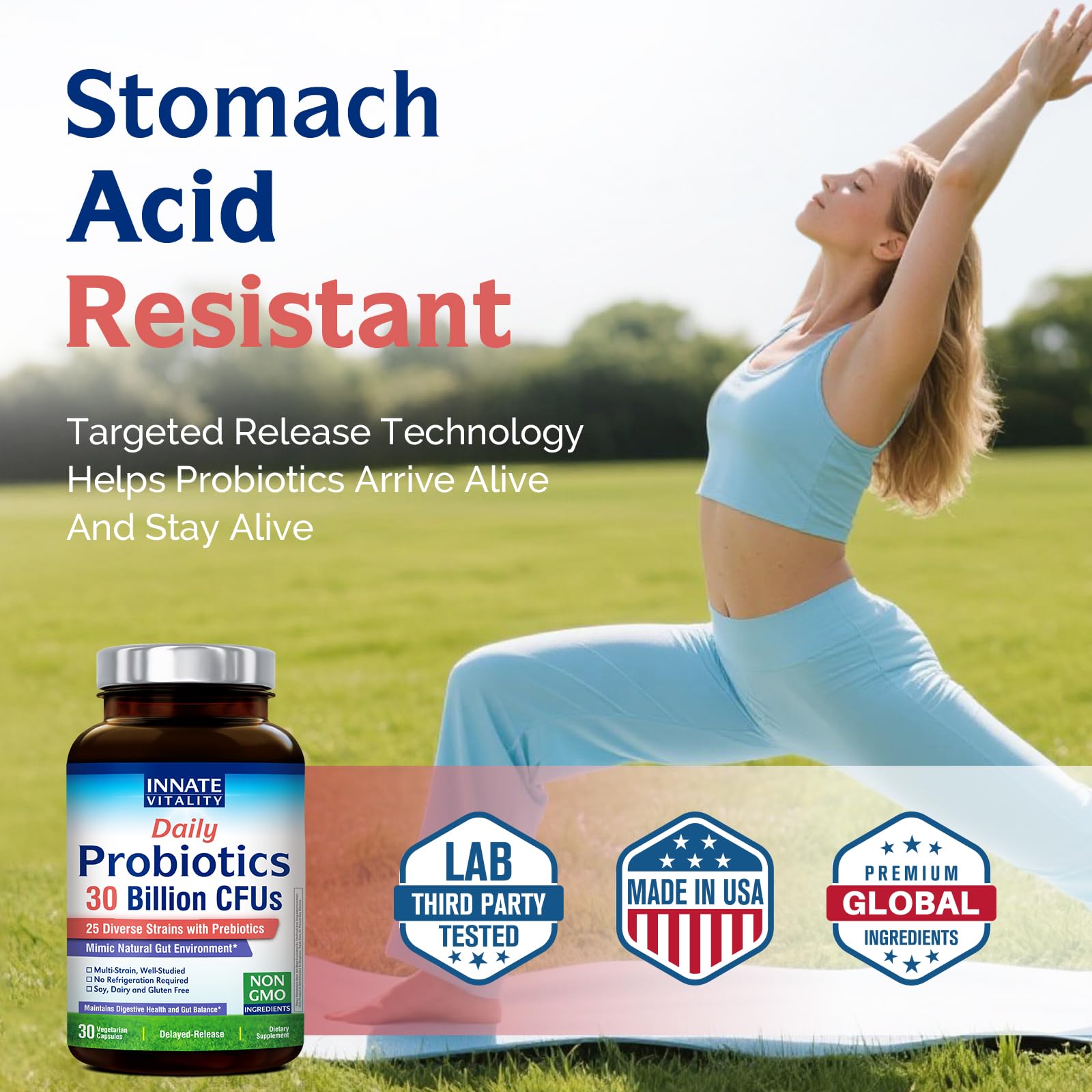Innate Vitality Daily Probiotics for Women & Men, 30 Billion CFU of 25 Strains, Prebiotics, for Digestive Health Diarrhea Constipation Bloating & Gas Relief, Delayed Release, No Gluten, Vegan, 30 Caps Innate VitalityAu supplements