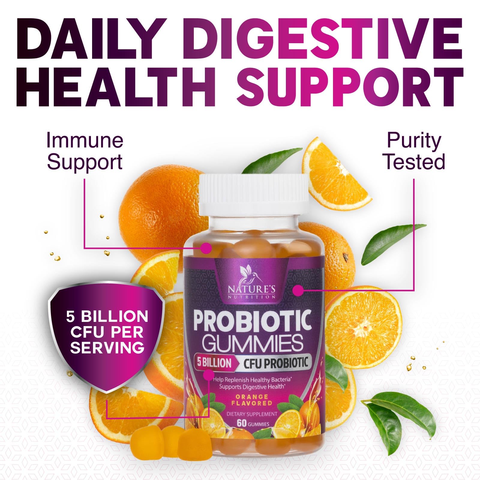 Probiotics for Digestive Health Gummies 5 Billion CFU - 6 Unique Strains for Daily Immune Support & Gut Health, Constipation, Gas & Bloating - Best Probiotic Supplement for Women & Men - 60 Gummies Nature's NutritionAu supplements