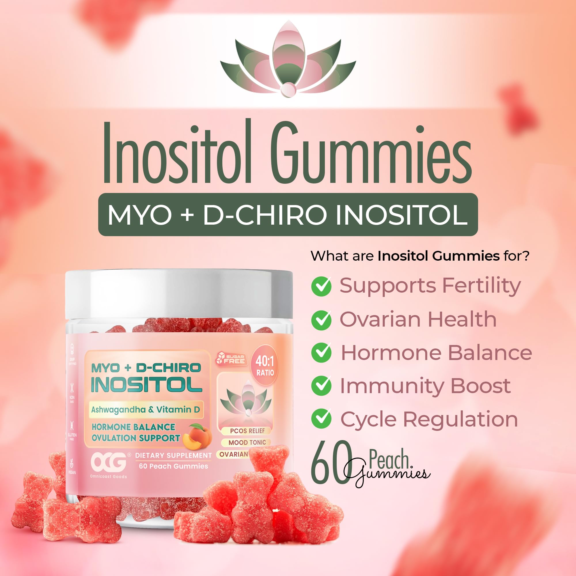 OMNICOAST GOODS, OCG Myo-Inositol & D-Chiro Inositol Gummies with Ashwagandha | PCOS Support | Ovulation & Mood Support, 40:1 Ratio Inositol for Hormone Balance, Sugar-Free, Non-GMO (60 Gummies) OMNICOAST GOODS, OCGAu supplements