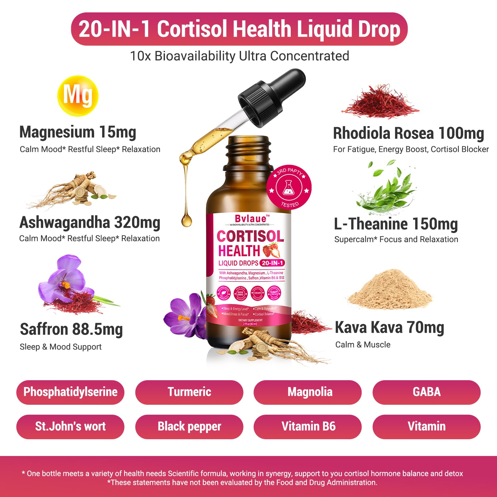 Bvlaue Cortisol Supplements Detox for Women - 20-in-1 Cortisol Reducer,Manager,Lower w/Ashwagandha,Magnesium,L-Theanine,Saffron,Rhodiola for Hormone Balance/Sleep/Stress Relief,Strawberry Flavor BvlaueAu supplements