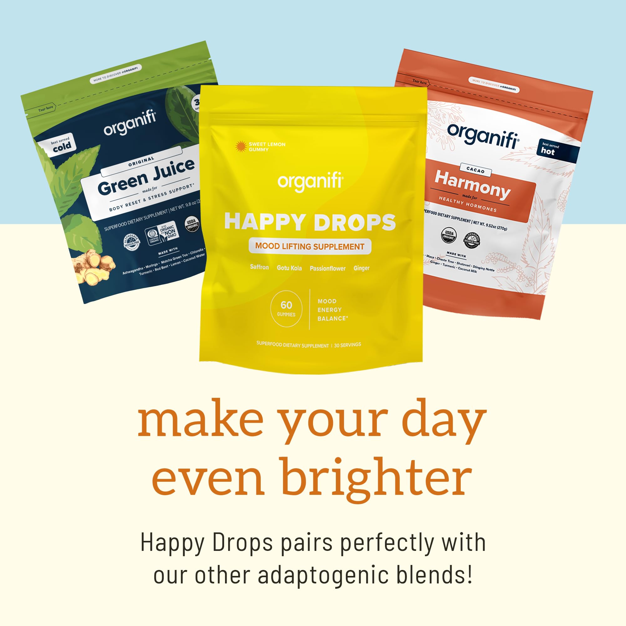 Organifi Happy Drops - Daily Superfood Happy Gummies for Adults - Mood Support Supplement for Balance, Bliss, Energy and Taking the Edge Off - Sweet Lemon Flavor - 60 Gummies OrganifiAu supplements