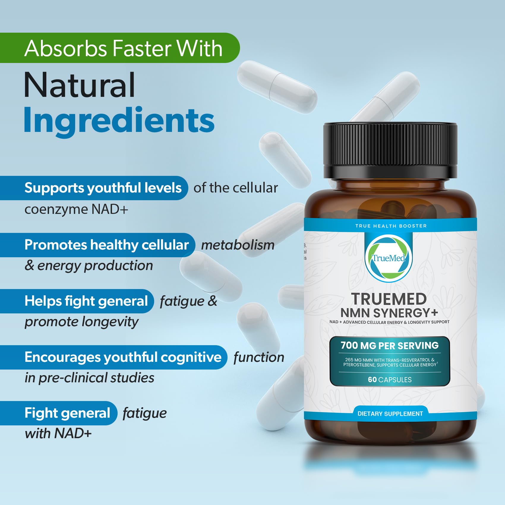 TRUEMED NMN Synergy+ 700mg – Premium NMN Supplement with Resveratrol & Pterostilbene | Advanced NAD+ Supplement for Cellular Energy, & Wellness Support | Non-GMO, Vegan, 60 Capsules TRUEMEDAu supplements