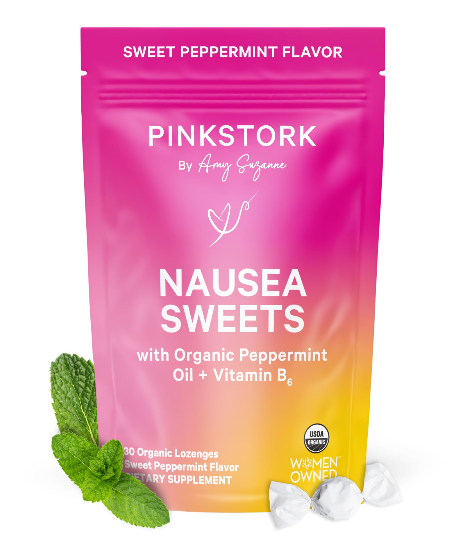 Pink Stork Organic Peppermint Sweets for Morning Sickness and Motion Sickness Support, Added Vitamin B6, 1st Trimester Pregnancy Must Haves - 30 Wrapped Peppermint Candies Pink StorkAu supplements