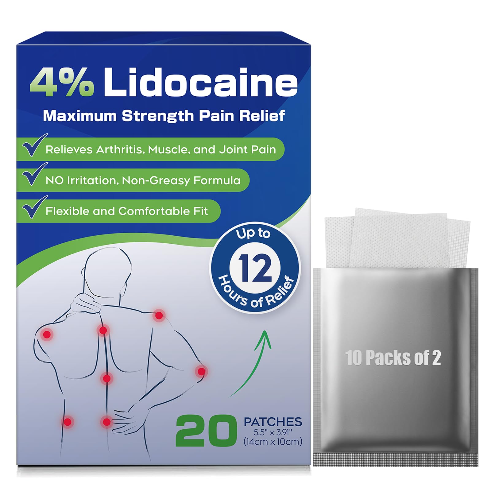 Uposiut 4% Lidocaine Patches - 20 Count Maximum Strength Lidocaine Patches, 10 Packs of 2 Patches for Muscle Pain Relief in The Neck, Shoulders, Back, Knees, and Anks, 12 Hour Pain Relief-012345 UposiutAu supplements