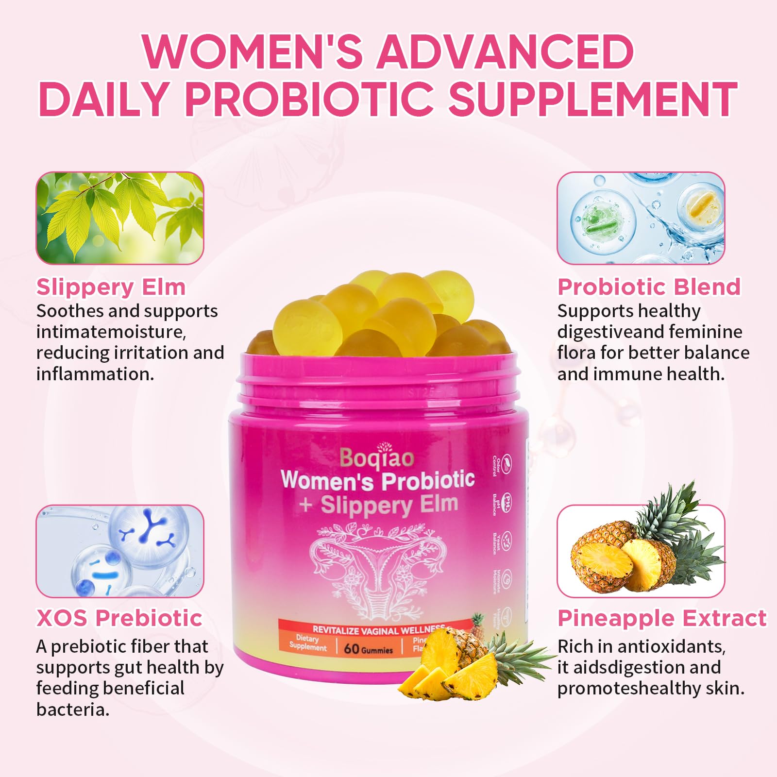 Feminine Probiotics Gummies with Slippery Elm - 60 Pineapple Gummies for Women ph Balance, Vaginal Probiotics Supports Flora, Gut Health & Immune System, Prebiotics & Lactobacillus Blend (Pineapple) BoqiaoAu supplements