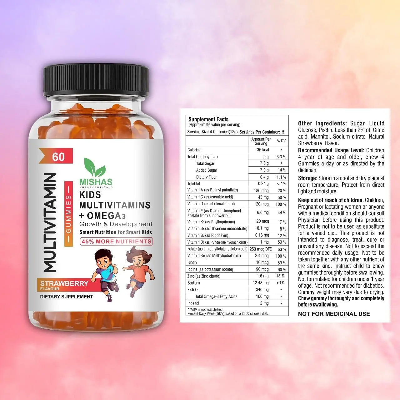 Mishas Nutraceuticals Kids Multivitamin Gummies with Omega 3 Fish Oil (EPA/DHA), Vitamin D3, C, B12, B6, Vitamin A, K & Zinc Immune Support MishasAu supplements