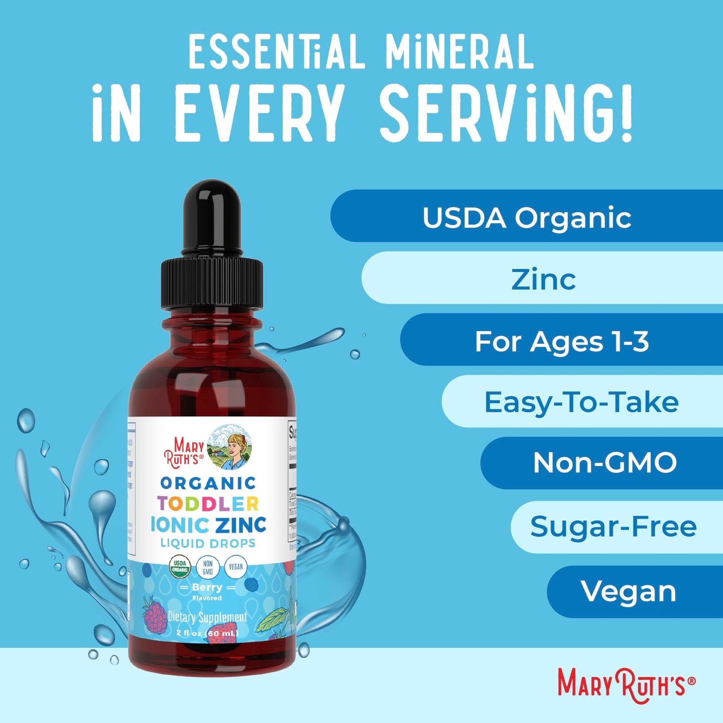 MaryRuth Organics USDA Toddler Liquid Drops | Zinc Sulfate | Immune Support Supplement| Skin Health | Vegan | Formulated for Ages 1-3 | Delicious Berry Flavor | 1 Month Supply | 2 Fl Oz MARYRUTH'SUS supplements