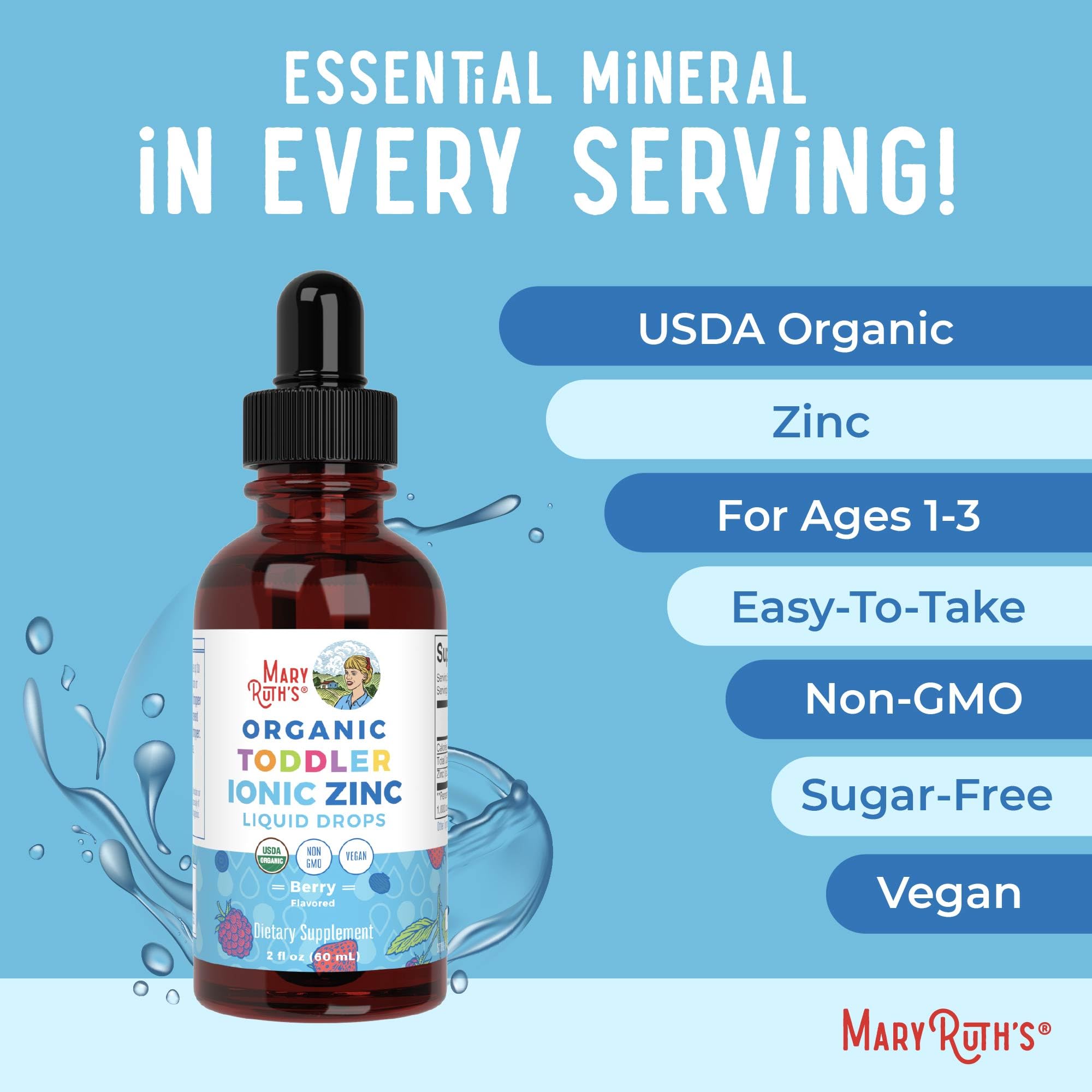 MaryRuth Organics USDA Toddler Liquid Drops | Zinc Sulfate | Immune Support Supplement| Skin Health | Vegan | Formulated for Ages 1-3 | Delicious Berry Flavor | 1 Month Supply | 2 Fl Oz MARYRUTH'SUS supplements