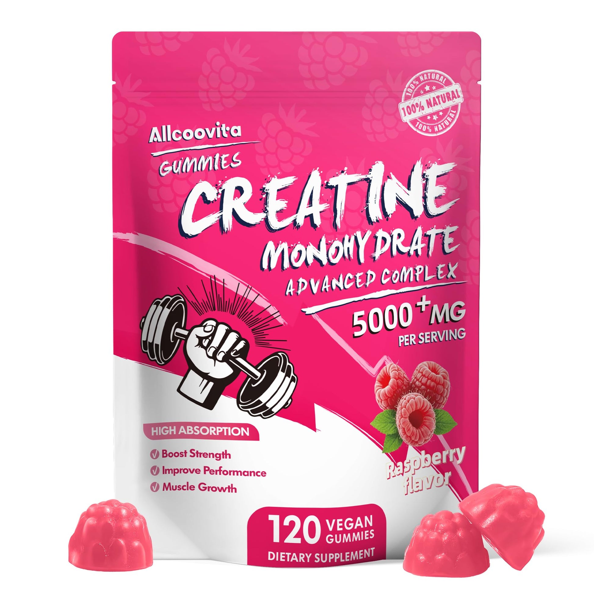 NSF Certified Creatine Gummy - Creatine Monohydrate Gummies 5000mg for Men & Women -120 Gummies Advanced Formula, Muscle Strength, Muscle Builder, Energy Boost, Pre-Workout Supplement-Raspberry AllcoovitaAu supplements