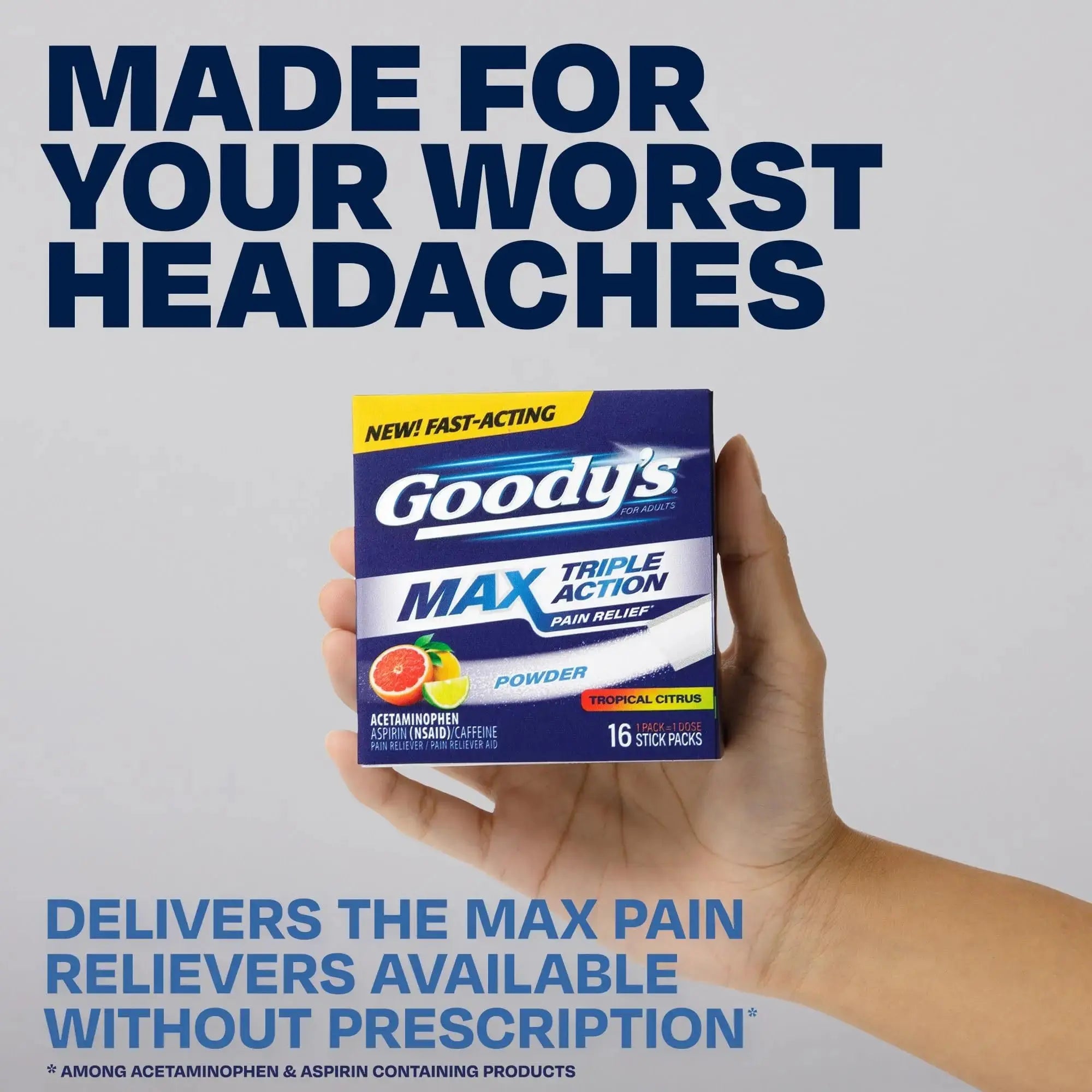 Goody’s Max Triple Action Pain Relief – Headache Relief Powder with Acetaminophen, Aspirin & Caffeine for Fast, Effective Relief of Tough Headaches, Tropical Citrus, 16 Count Goody'sAu supplements