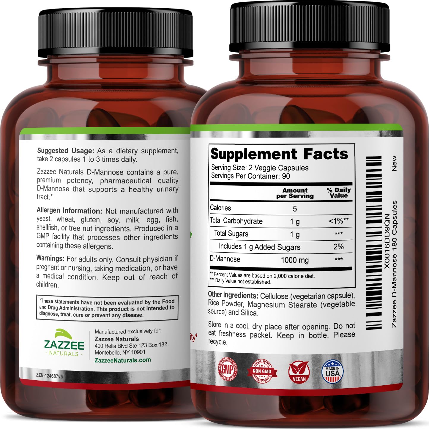 Zazzee D-Mannose, 1000 mg per Serving, 180 Vegan Capsules, 3 Month Supply, Potent ZazzeeUS supplements