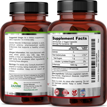 Zazzee D-Mannose, 1000 mg per Serving, 180 Vegan Capsules, 3 Month Supply, Potent ZazzeeUS supplements