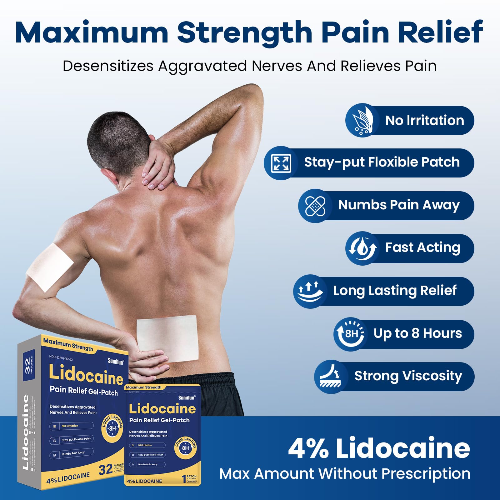 Sumifun 4% Lidocaine Patches Maximum Strength- Pain Relieving Gel Patch for Back, Shoulder, Muscle, Knee Pain Relief,Neck & Joint Pains-Numbs Away Pain, Apply for Up to 8 Hours (Large, Count, 32) SumifunAu supplements