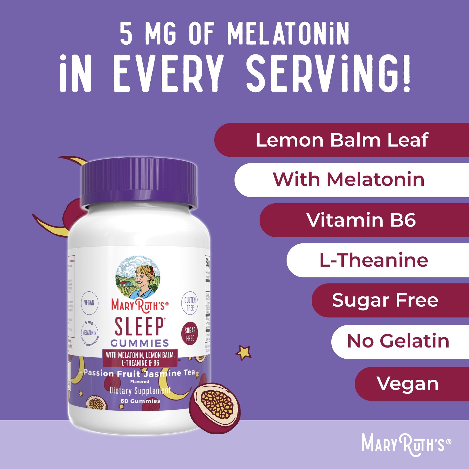 MaryRuth Organics Melatonin 5mg Sleep Gummy with L-Theanine | Lemon Balm | Vitamin B6 | Sugar-Free | Relaxation | Vegan | Non-GMO | Gluten Free | 60 Count MARYRUTH'SUS supplements