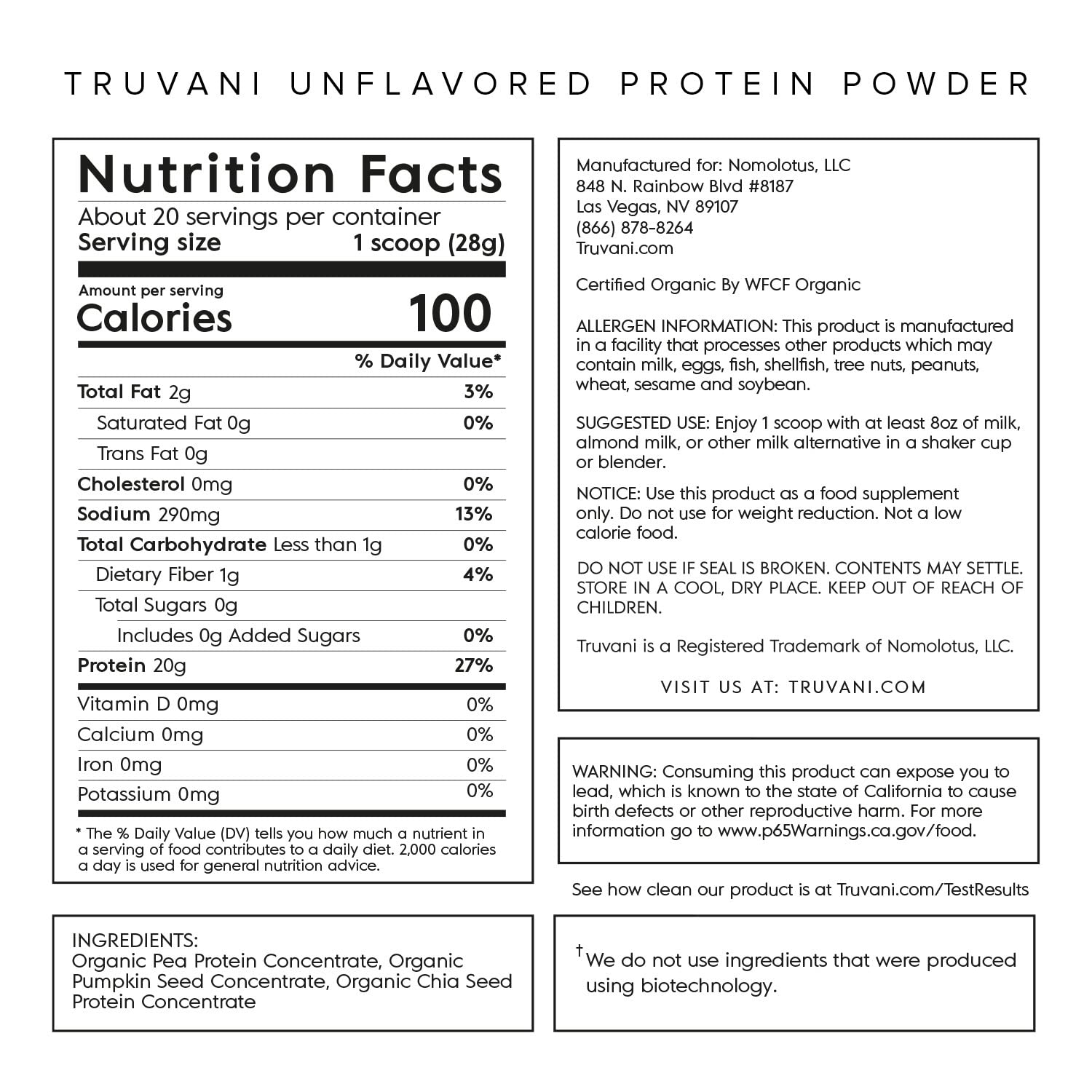 Truvani Organic Vegan Protein Powder Unflavored - 20g of Plant Based Protein, Organic TruvaniUS supplements