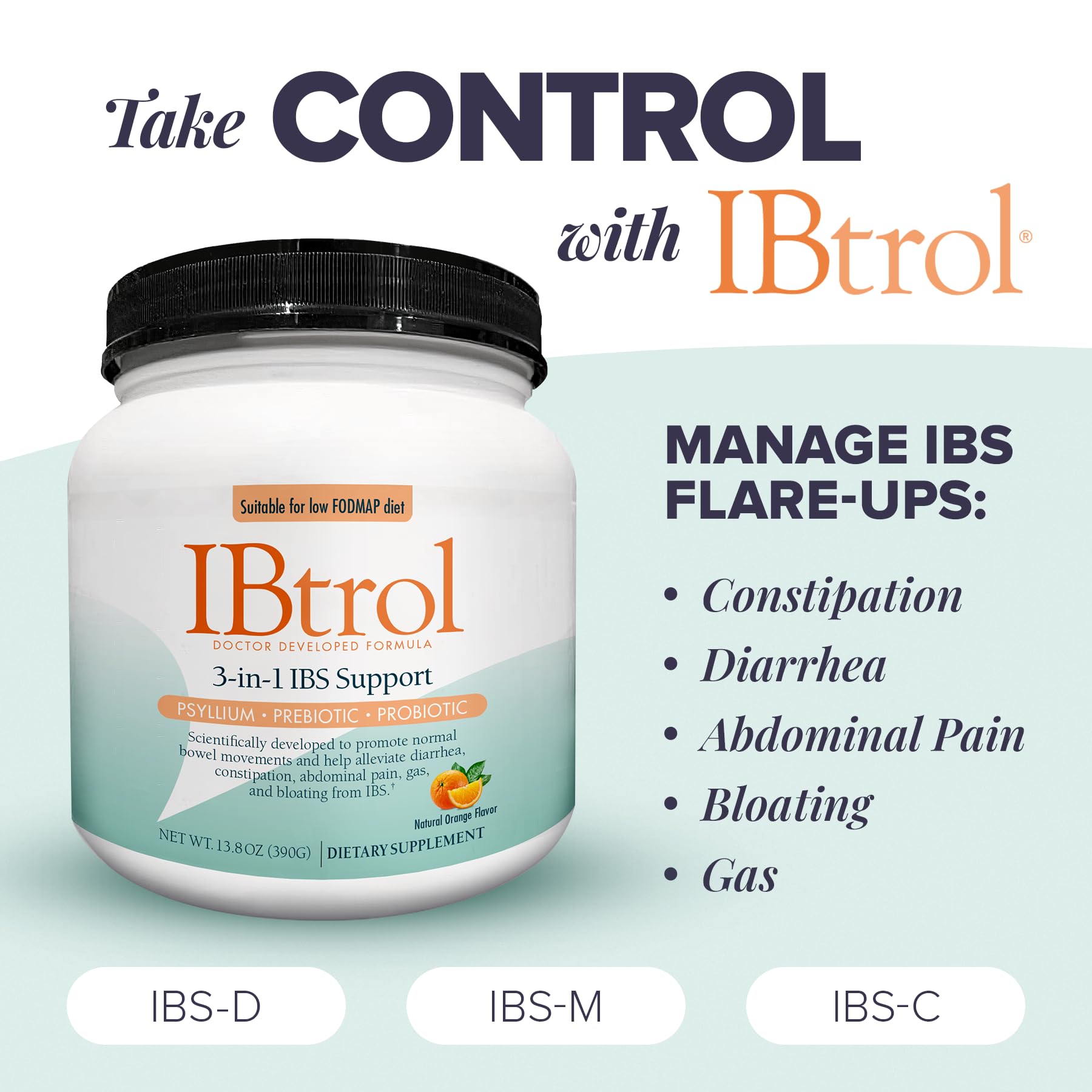 IBtrol® 3–in–1 IBS Gut Health Supplement with Psyllium, Prebiotic and Probiotics, Manages IBS Symptoms, Gas, Bloating, Diarrhea, Constipation, Abdominal Pain 60 Servings (Natural Orange Flavor) MedtritionAu supplements