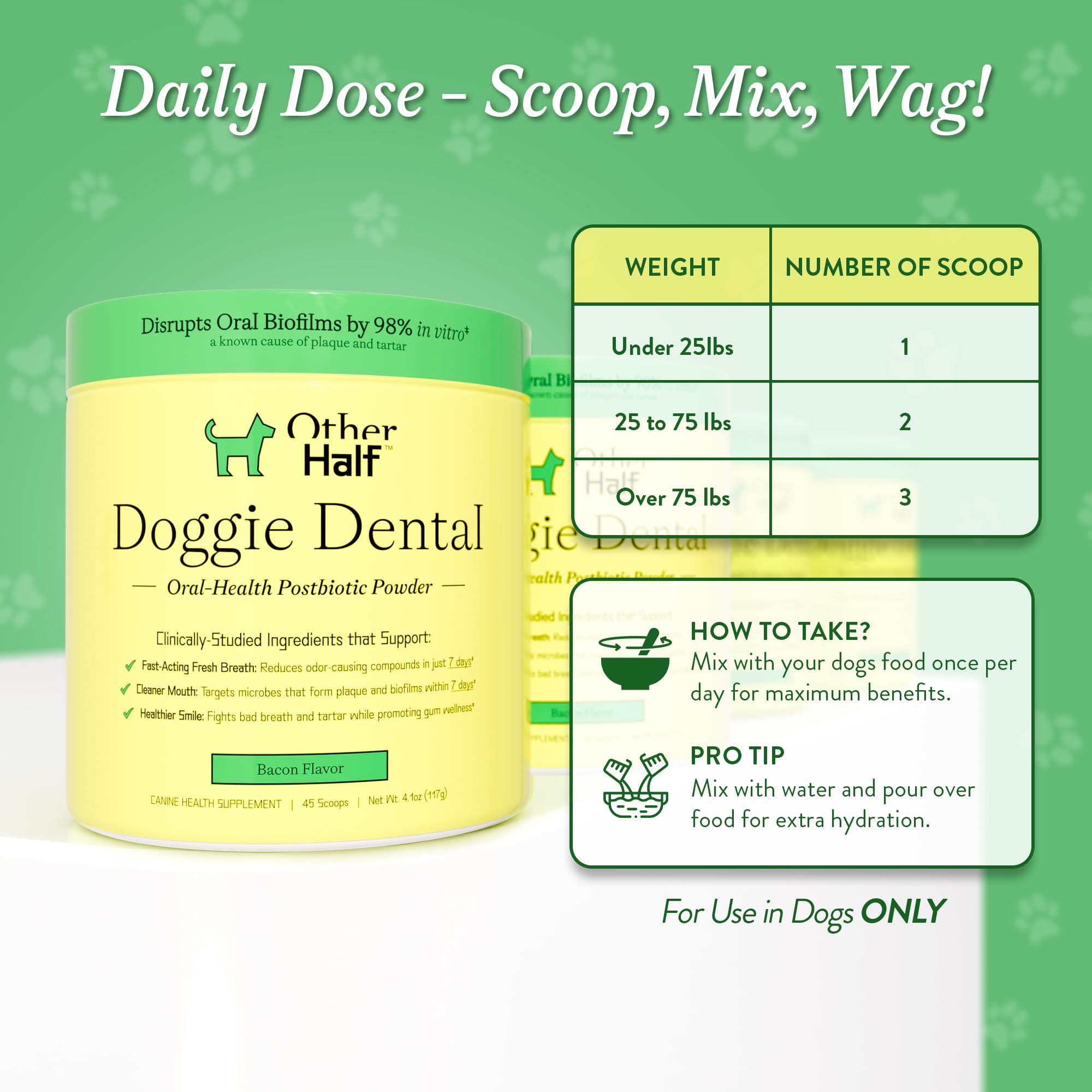 OTHER HALF Doggie Dental Supplement Powder - Dog Breath Freshener & Teeth Cleaning Made Easy - Oral Health Postbiotic for Dogs - Targets Tartar, Plaque & Bad Breath | 45 Scoops, Bacon Flavor OTHER HALFAu supplements