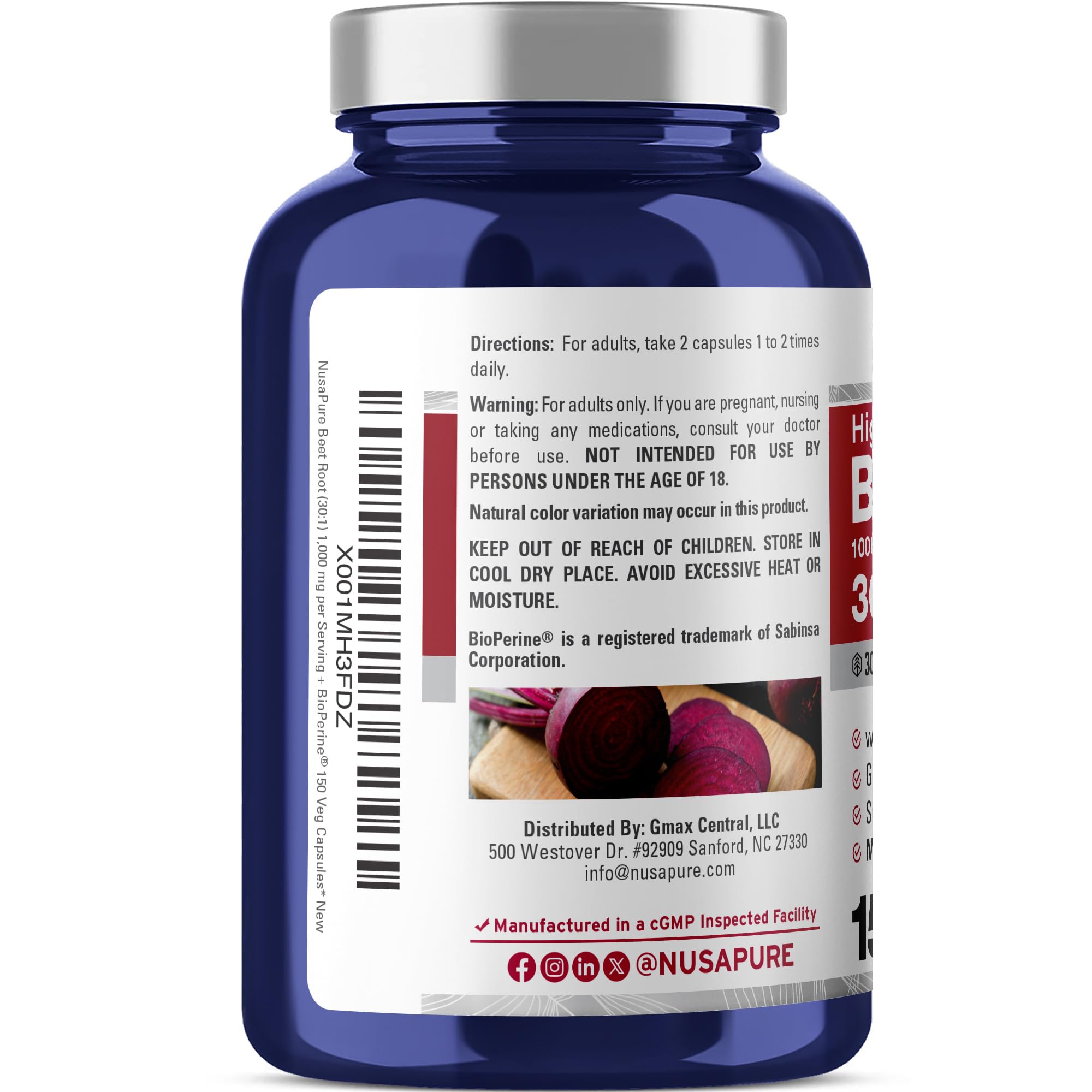 NusaPure Beet Root 30:1 Extract, 1000 mg Equivalent to 30,000 mg 150 Veggie caps (Vegan, Non-GMO & Vegan 4% Nitrates) Bioperine NusaPureAu supplements