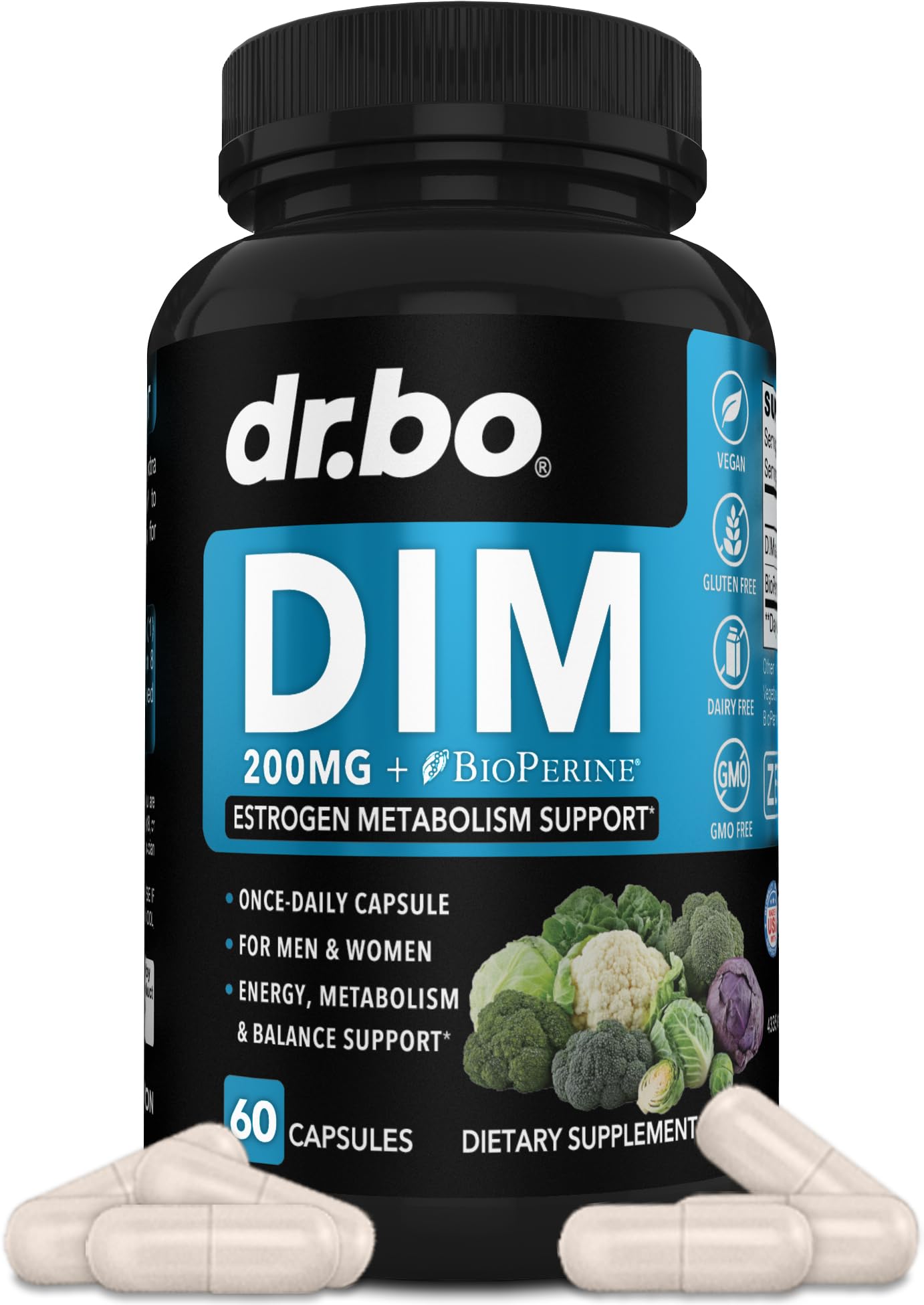 DIM Supplement for Women & Men 200mg - Androgen Estrogen Blocker for Men & Women, Hormonal Acne Pills, Hormone Balance, Menopause Support, Diindolylmethane DIM Supplement Plus BioPerine - 60 Capsules DR. BOAu supplements