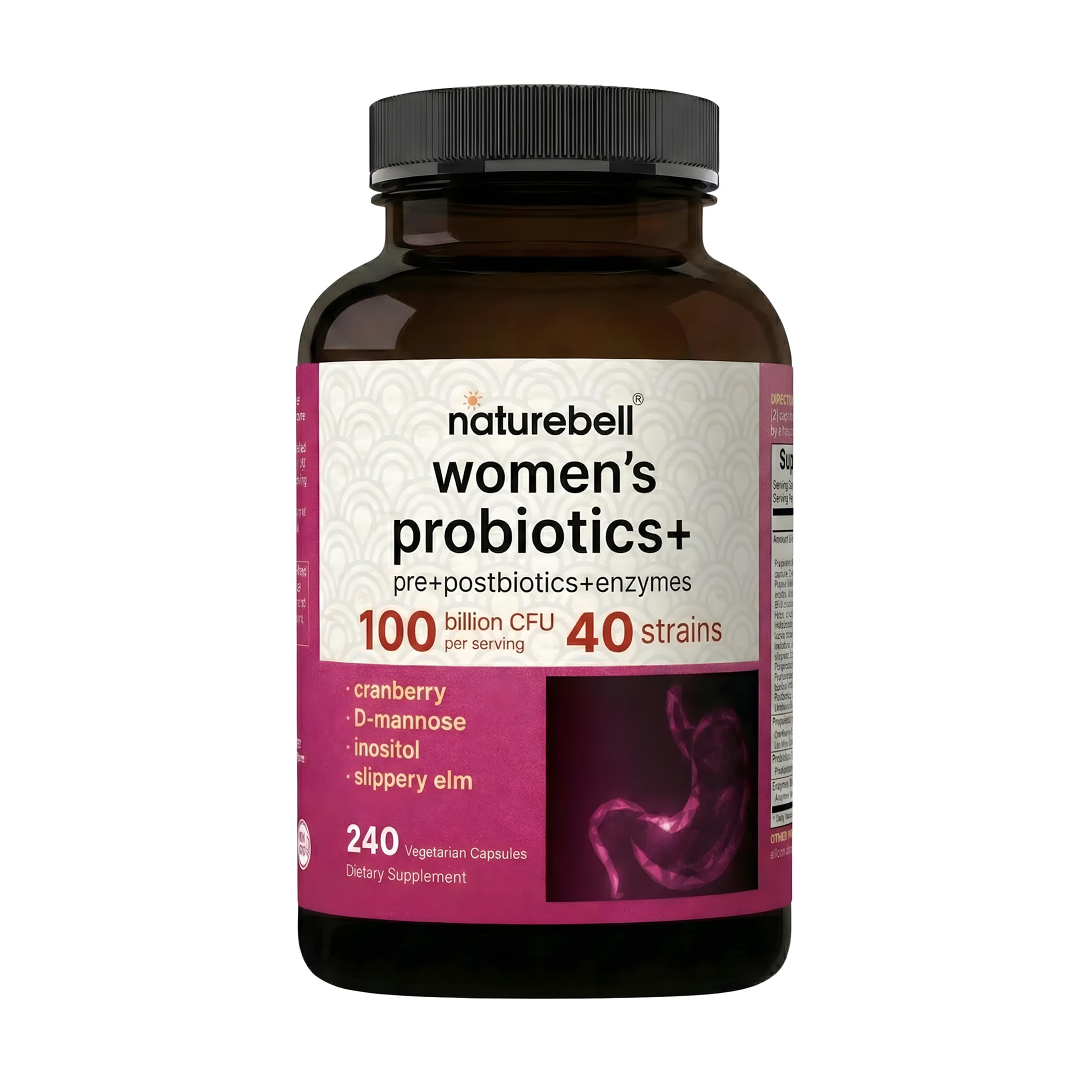 NatureBell Women's Probiotics+ - 240 Vegetarian Capsules - Prebiotic, Probiotic, Postbiotic & Digestive Enzymes - Made with Cranberry, D-Mannose, Inositol & More NatureBellAu supplements