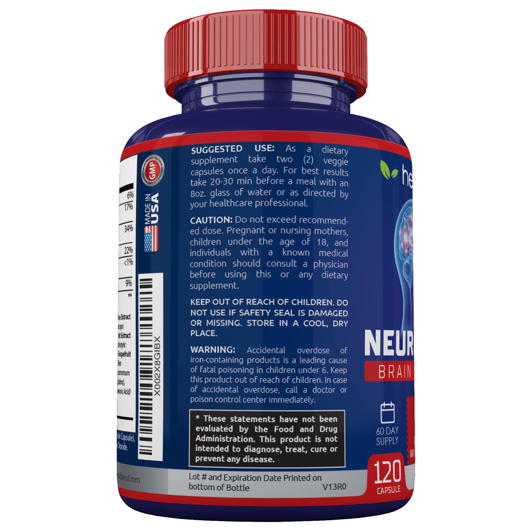 Neuro Plus Brain & Focus Formula - Nootropic Brain Booster Supplement, Supports Brain Health, Mental Clarity & Focus - Enhances Concentration & Mental Energy – 120 Capsules (1) healblendAu supplements
