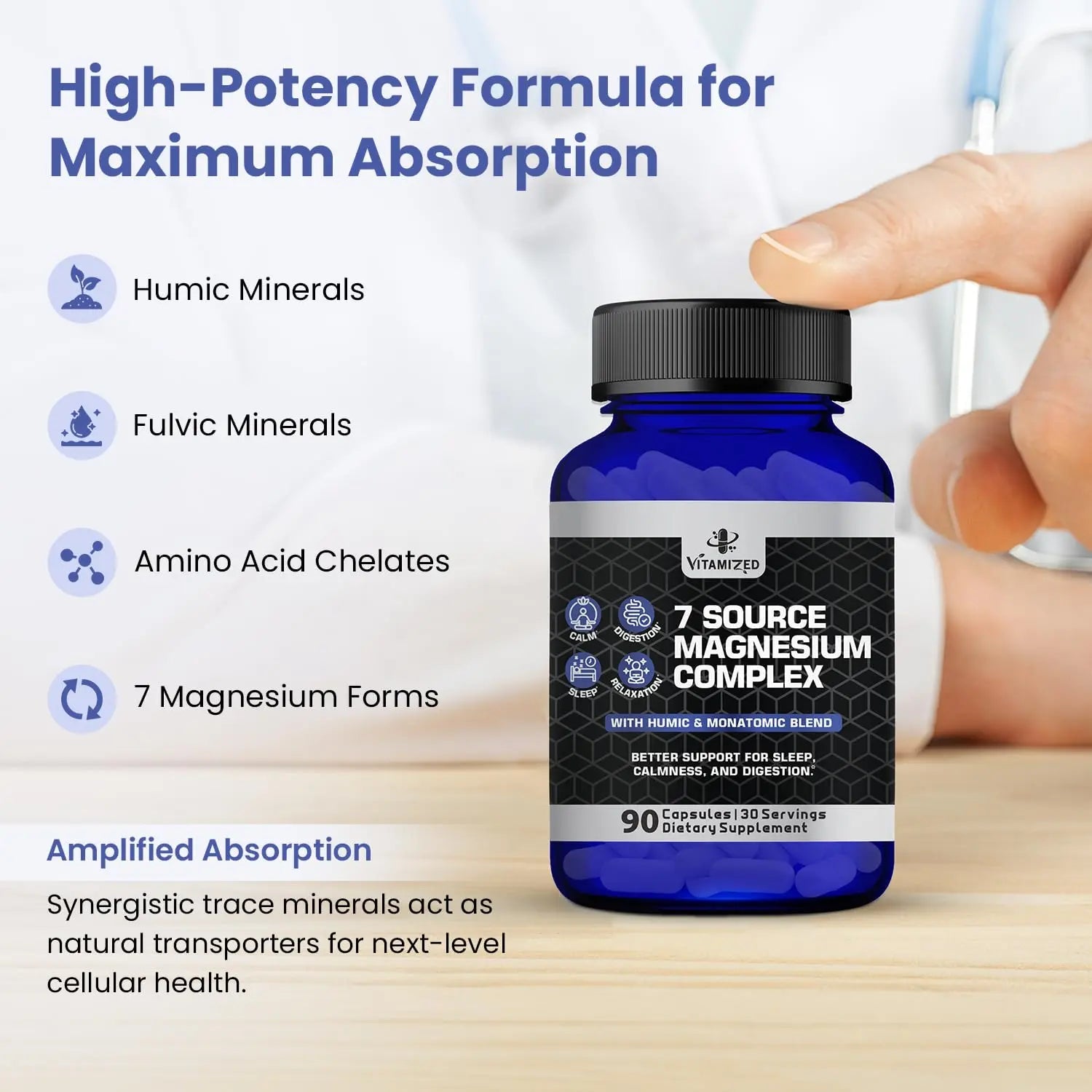 Magnesium Complex for Sleep, Relaxation, Digestion & Calm – Magnesium Glycinate, Citrate, Bisglycinate, Carbonate, Malate, Orotate, Taurate, + Humic/Fulvic for High Absorption - 90 ct. VITAMIZEDnz supplements