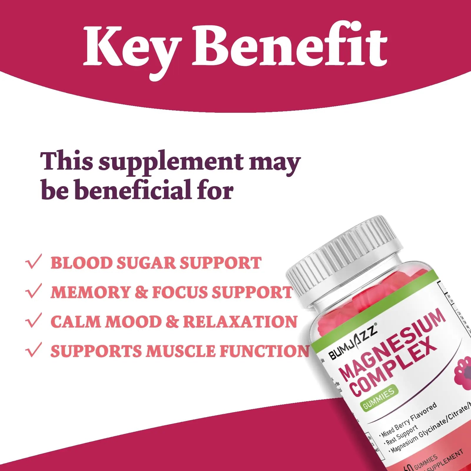 Magnesium Complex Gummies 800mg - 60 Counts Magnesium Glycinate&Citrate&Malate Gummy for Rest Muscle Function Bumjazznz supplements