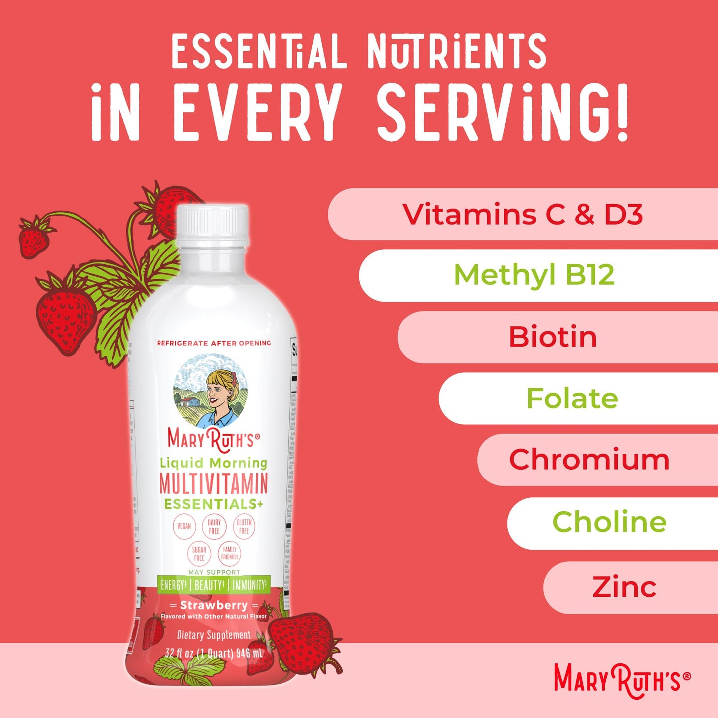 MaryRuth's Liquid Morning Multivitamin Essentials+ | Vitamin A C D E B6 B12 K2 Biotin Zinc | Mens Womens Multivitamin | Immune Support | Beauty | Sugar Free | Vitamins for Ages 1+ | Vegan | 32 Fl Oz MARYRUTH'SUS supplements