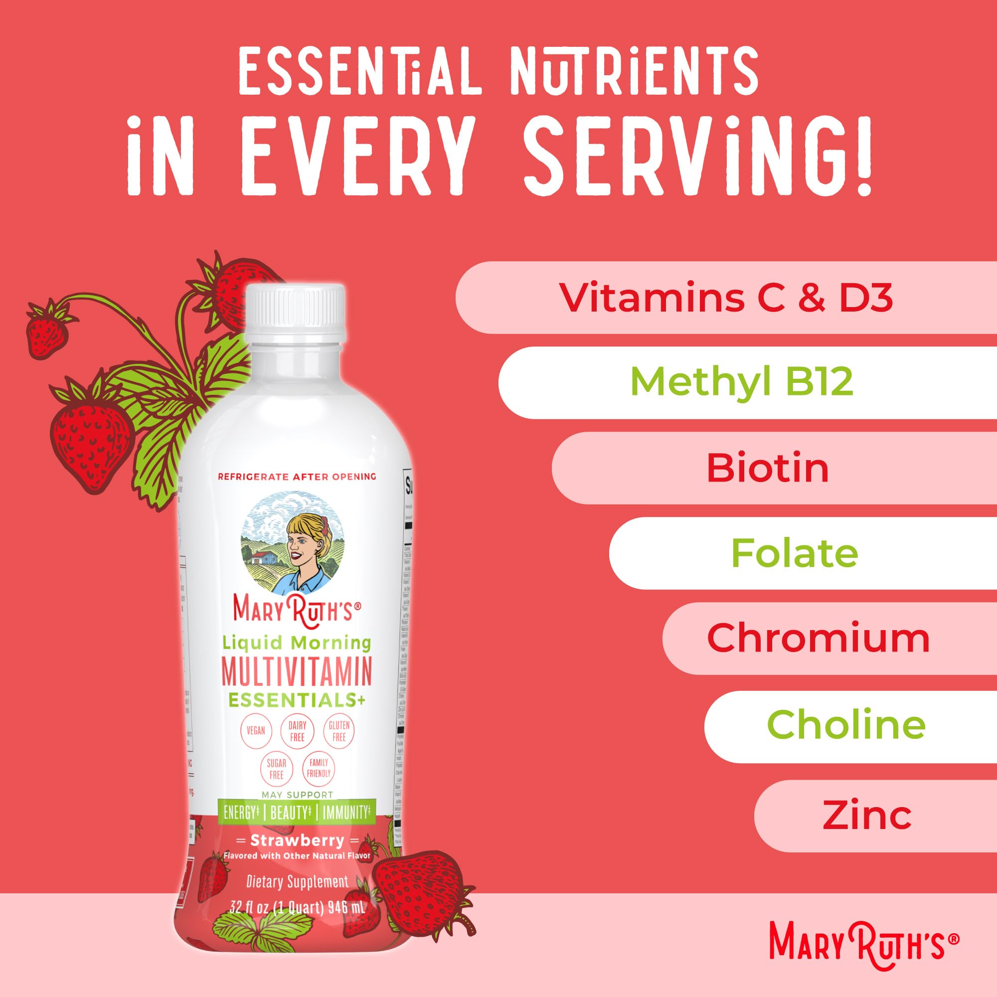 MaryRuth's Liquid Morning Multivitamin Essentials+ | Vitamin A C D E B6 B12 K2 Biotin Zinc | Mens Womens Multivitamin | Immune Support | Beauty | Sugar Free | Vitamins for Ages 1+ | Vegan | 32 Fl Oz MARYRUTH'SUS supplements