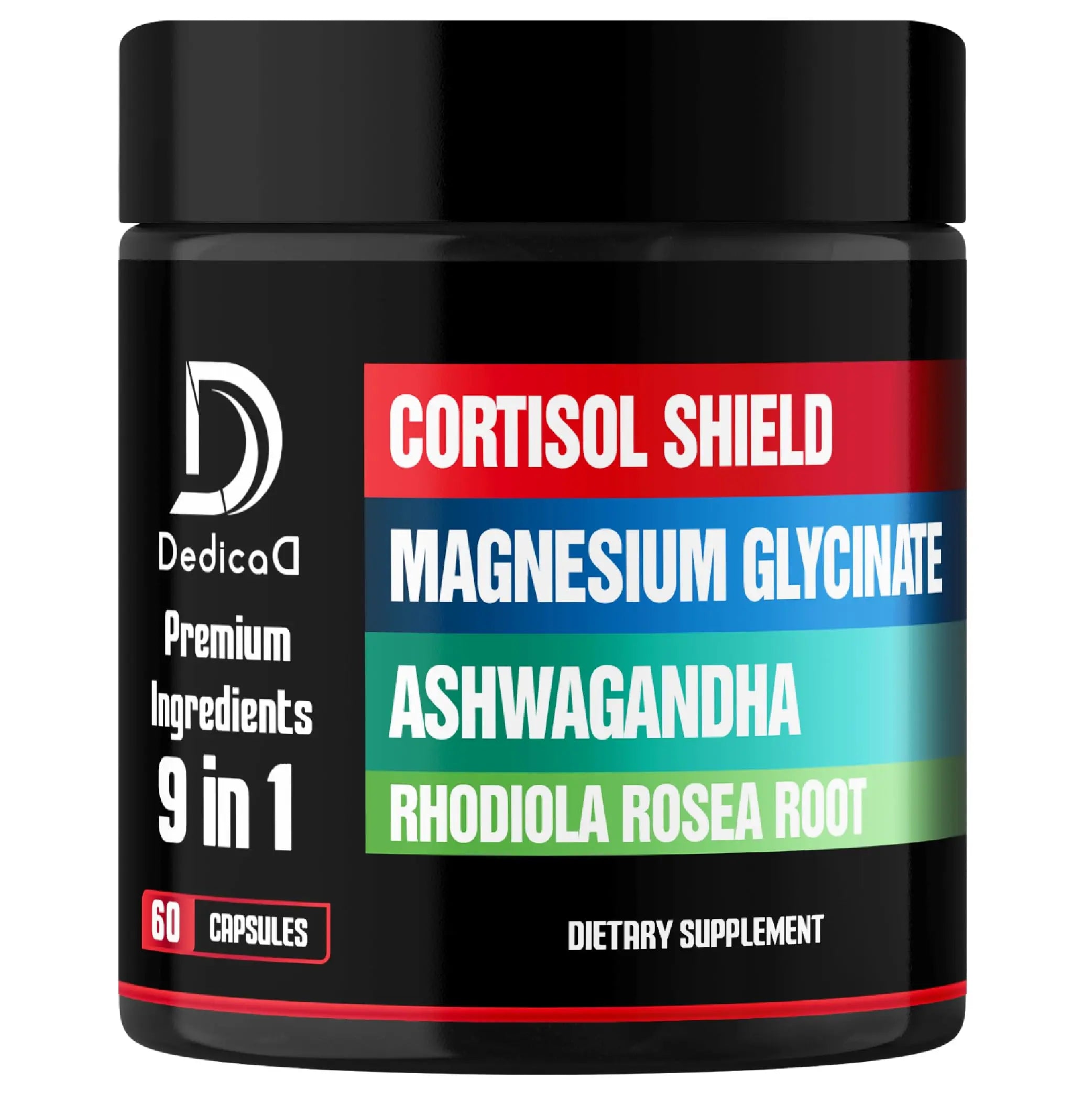 DEDICAD 9in1 Cortisol Shield - Magnesium Glycinate & Ashwagandha with Rhodiola, Phosphatidylserine, Passion Flower, L-Theanine, Apigenin, Licorice, Magnolia - Rest Well & Mood Balance - 60 Count DEDICADAu supplements