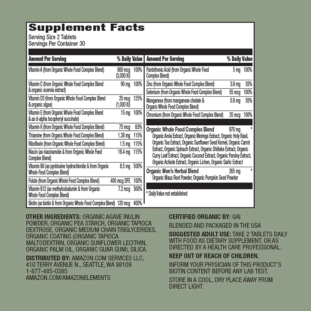 Amazon Elements Organic Whole Food Men's Multi, 60 tablets Amazon ElementsAu supplements