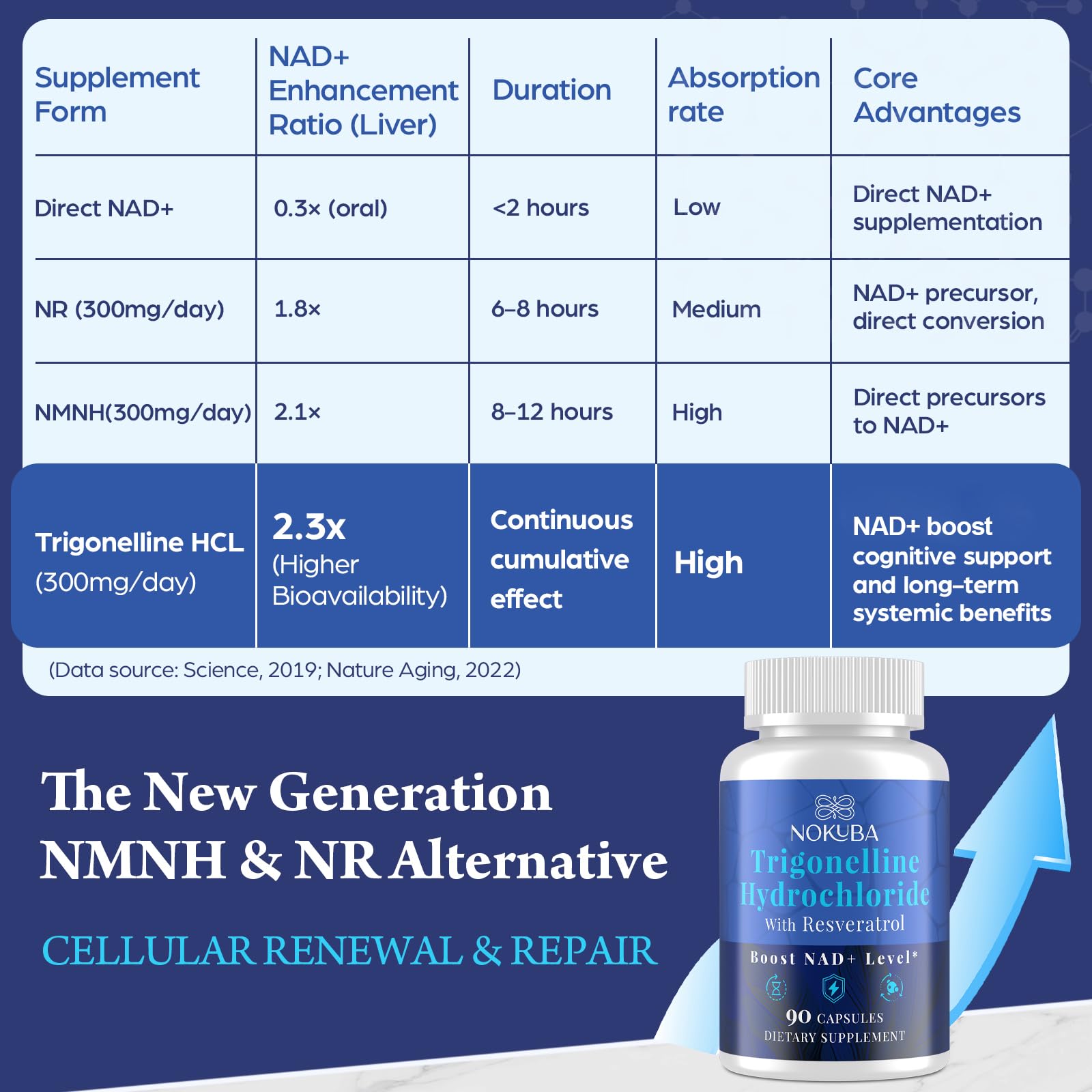 Nokuba NAD Supplement - NMNH Alternative with Trigonelline HCL 500mg & Resveratrol - NAD+ Precursors Plant Extraction - Support Cellular Energy & Healthy Aging & Brain for Women & Men - 90 Capsules NokubaAu supplements