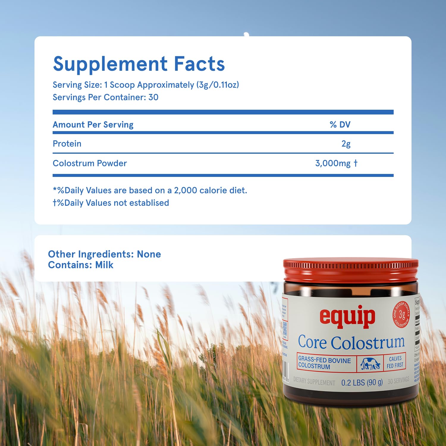 Equip Foods Core Bovine Colostrum Powder - 3,000mg Grass Fed Colostrum Supplement - Gut Health, Immunity, Recovery Lactoferrin Supplements - Keto Friendly Bovine Colostrum, 30 Servings, Unflavored EquipAu supplements