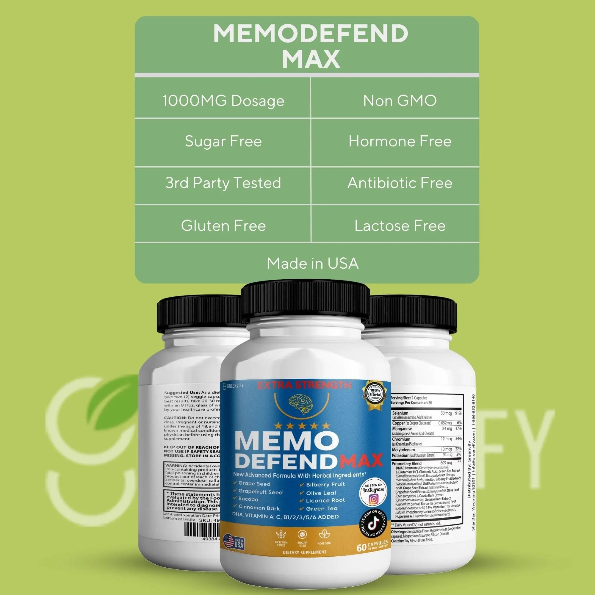 Memo Defend Max Memory Support Supplement, 60 Capsules, with Vitamins A C D E B Complex, DHA, Bacopa, Grapefruit Seed (1) GREENVIFYnz supplements