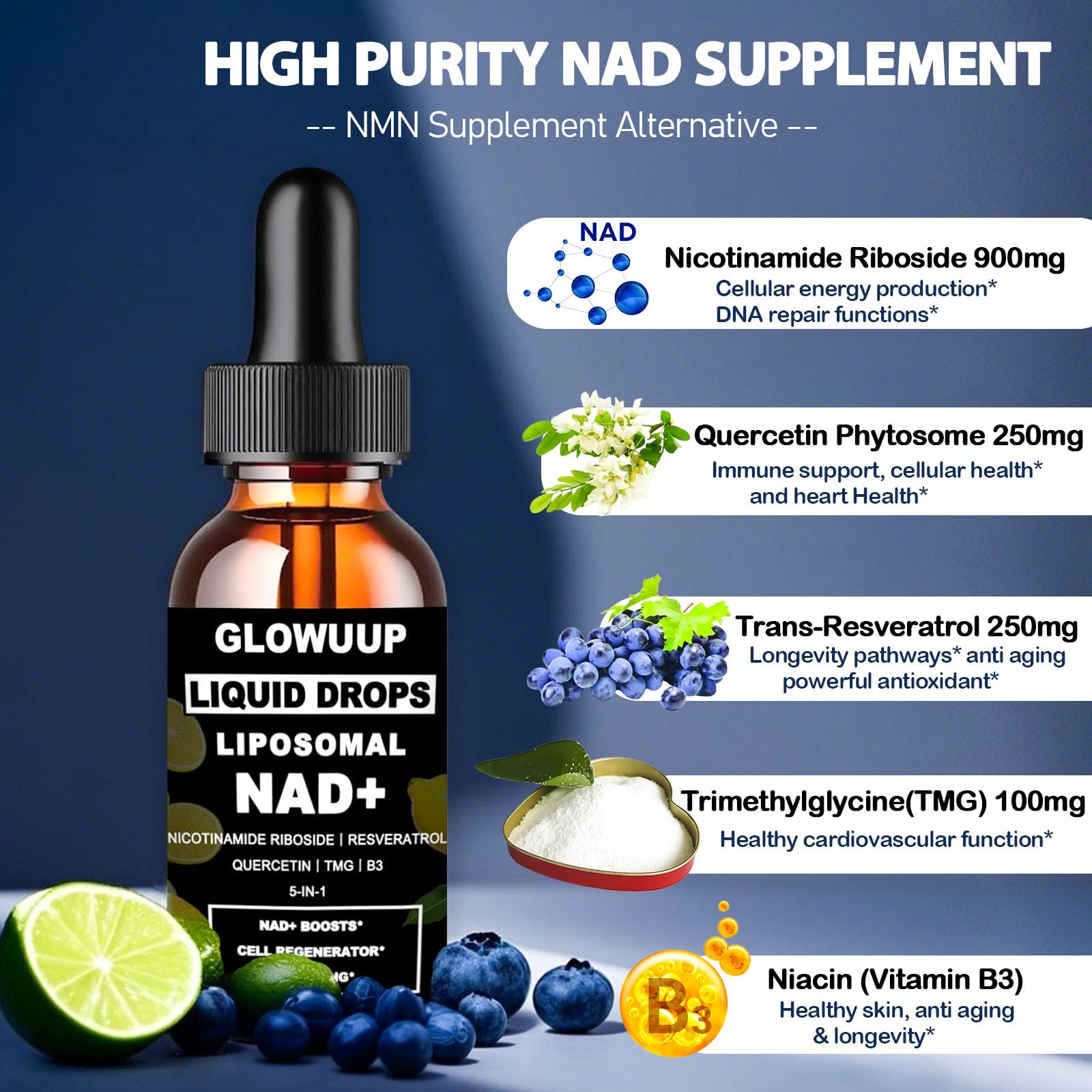 NAD Supplements for Women & Men, Liposomal NAD Nicotinamide Riboside Resveratrol 900mg w. B3 Vitamin Quercetin TMG, Liquid Resveratrol NAD Plus Supplement for Anti-Aging Energy Focus Longevity GLOWUUPAu supplements