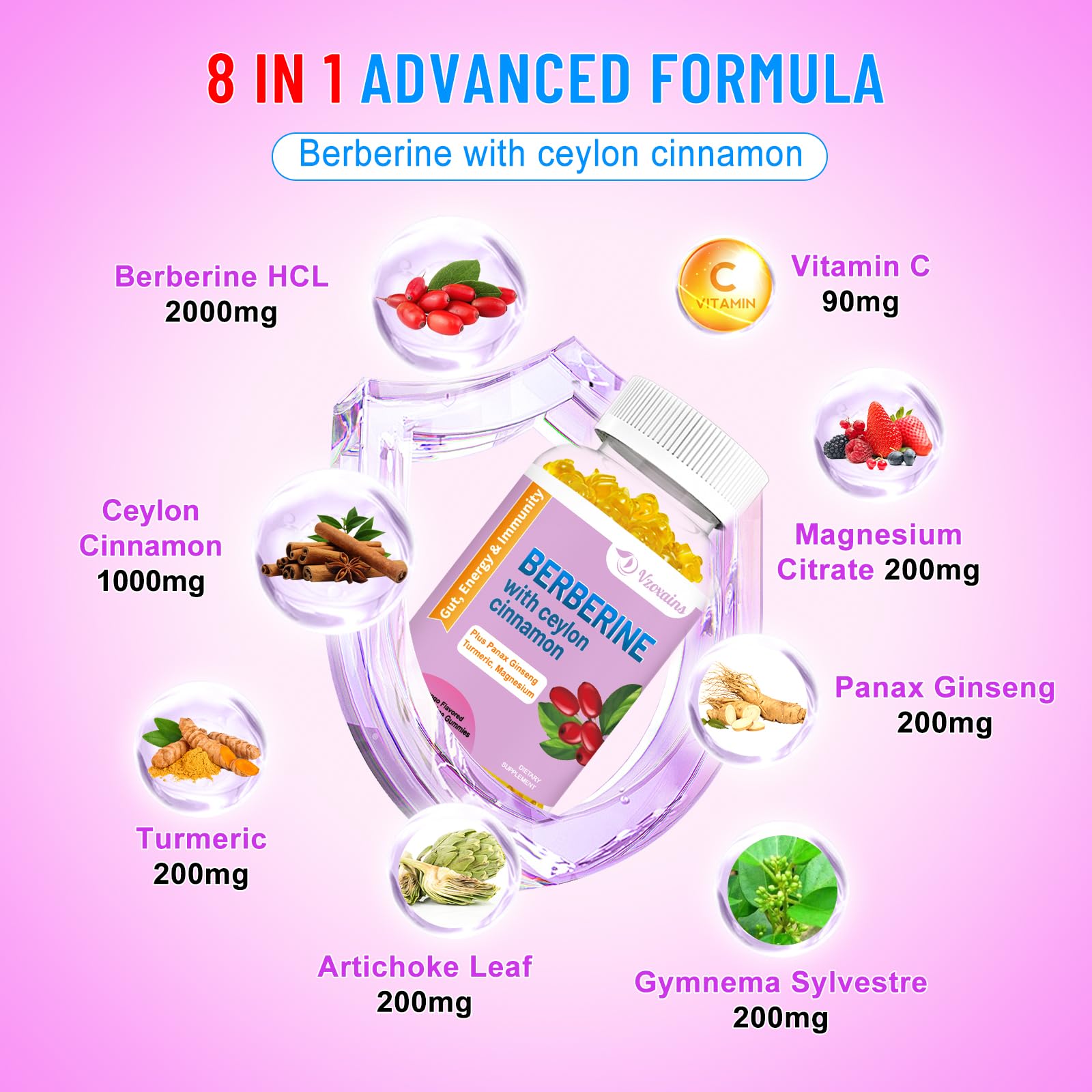 2 Pack Berberine with Ceylon Cinnamon Gummies, 2000mg High Potency Berberine HCI VZOXAINSUS supplements