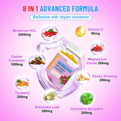 2 Pack Berberine with Ceylon Cinnamon Gummies, 2000mg High Potency Berberine HCI VZOXAINSUS supplements