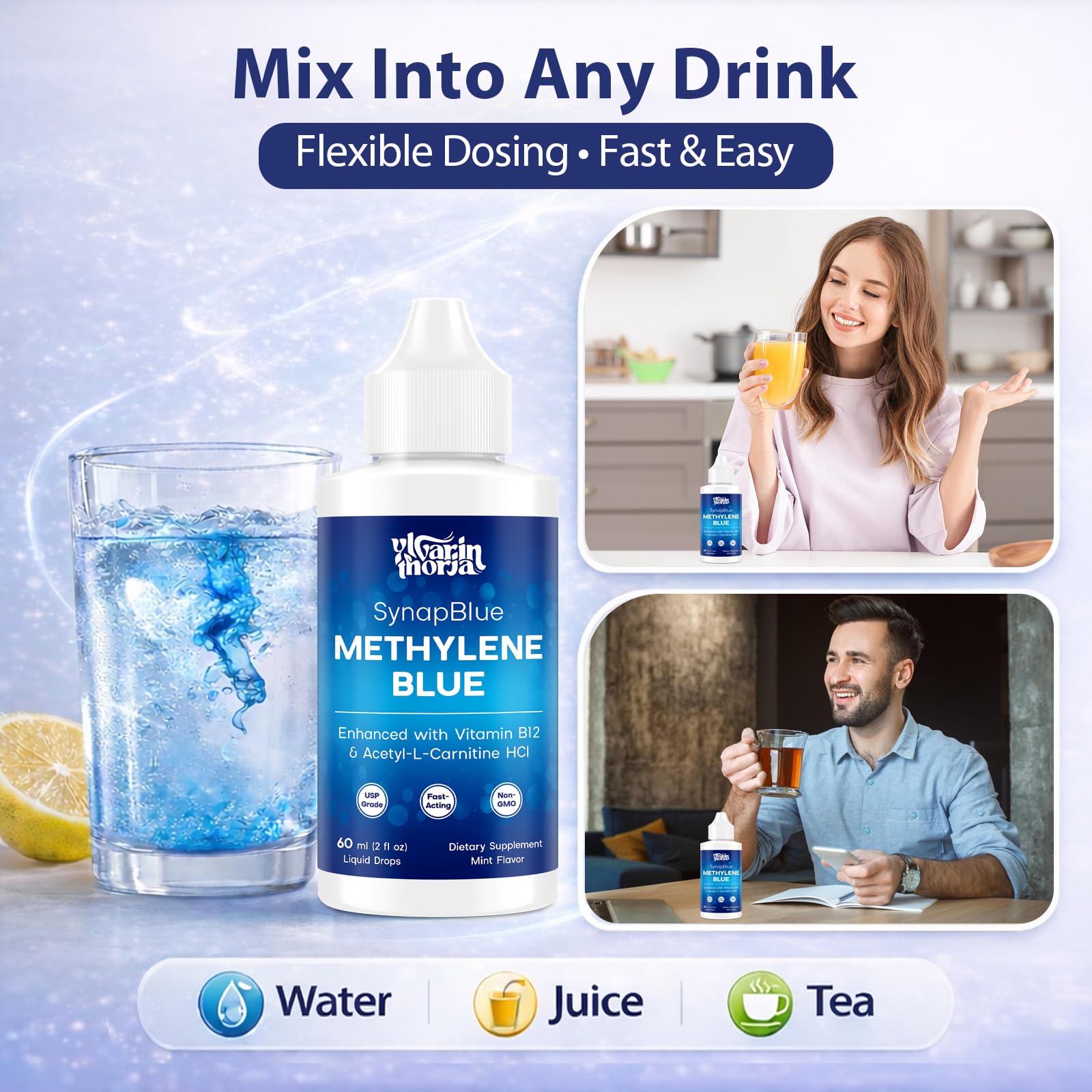 Methylene Blue Drops for Humans, 1% USP Grade – Dropper-Free No-Touch Bottle, Brain Supplement for Memory and Focus – Fast-Acting Nootropic with Methyl B12 & ALCAR – Caffeine-Free, Mint Flavor, 2oz YLVARIN THORIAAu supplements