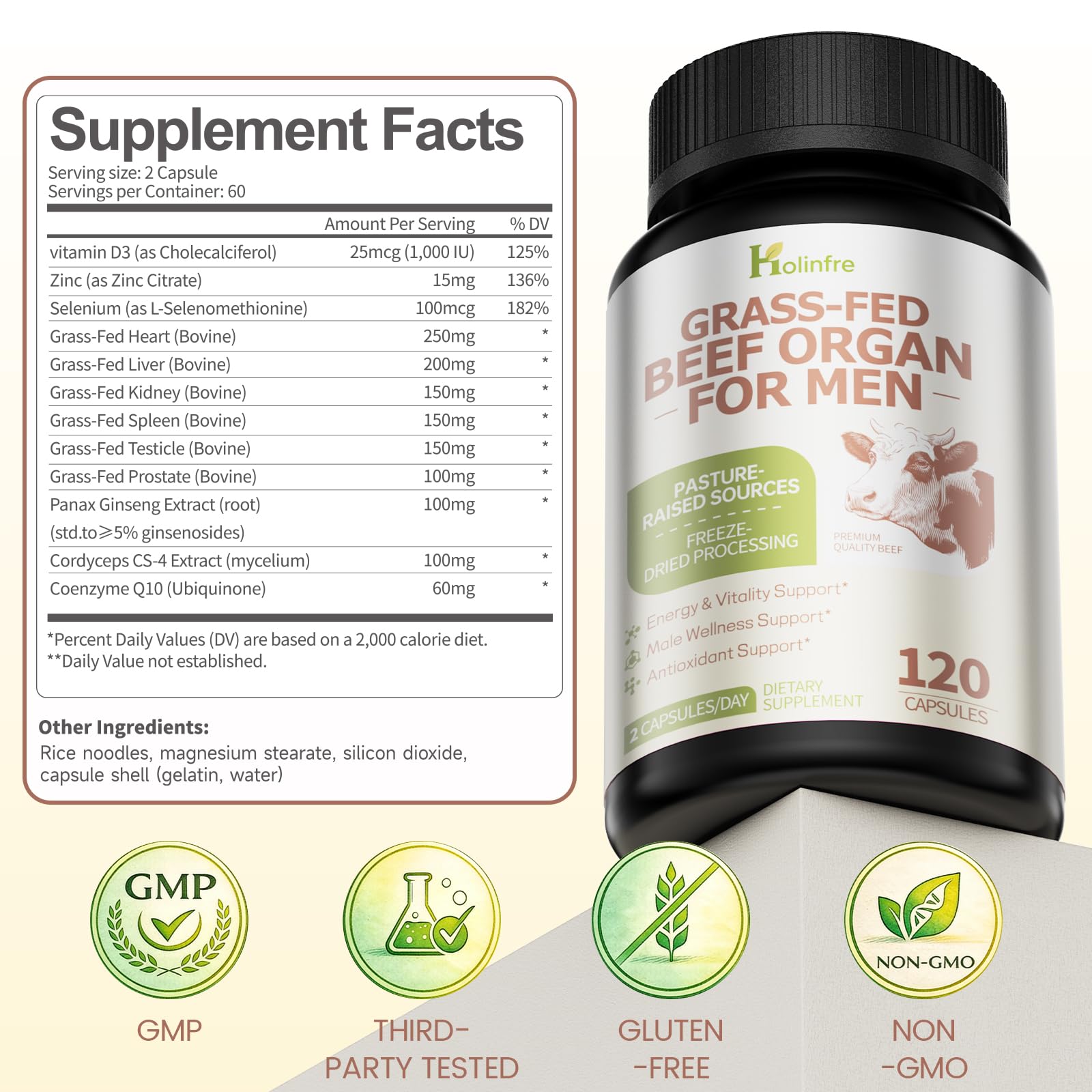 Grass Fed Beef Organ Supplement for Men - Beef Liver Capsules,Pasture Raised Beef Organs with Heart, Liver, Kidney, Spleen, Testicle & Prostate, Zinc, Selenium, Vitamin D3, Ginseng, Cordyceps HOLINFREAu supplements