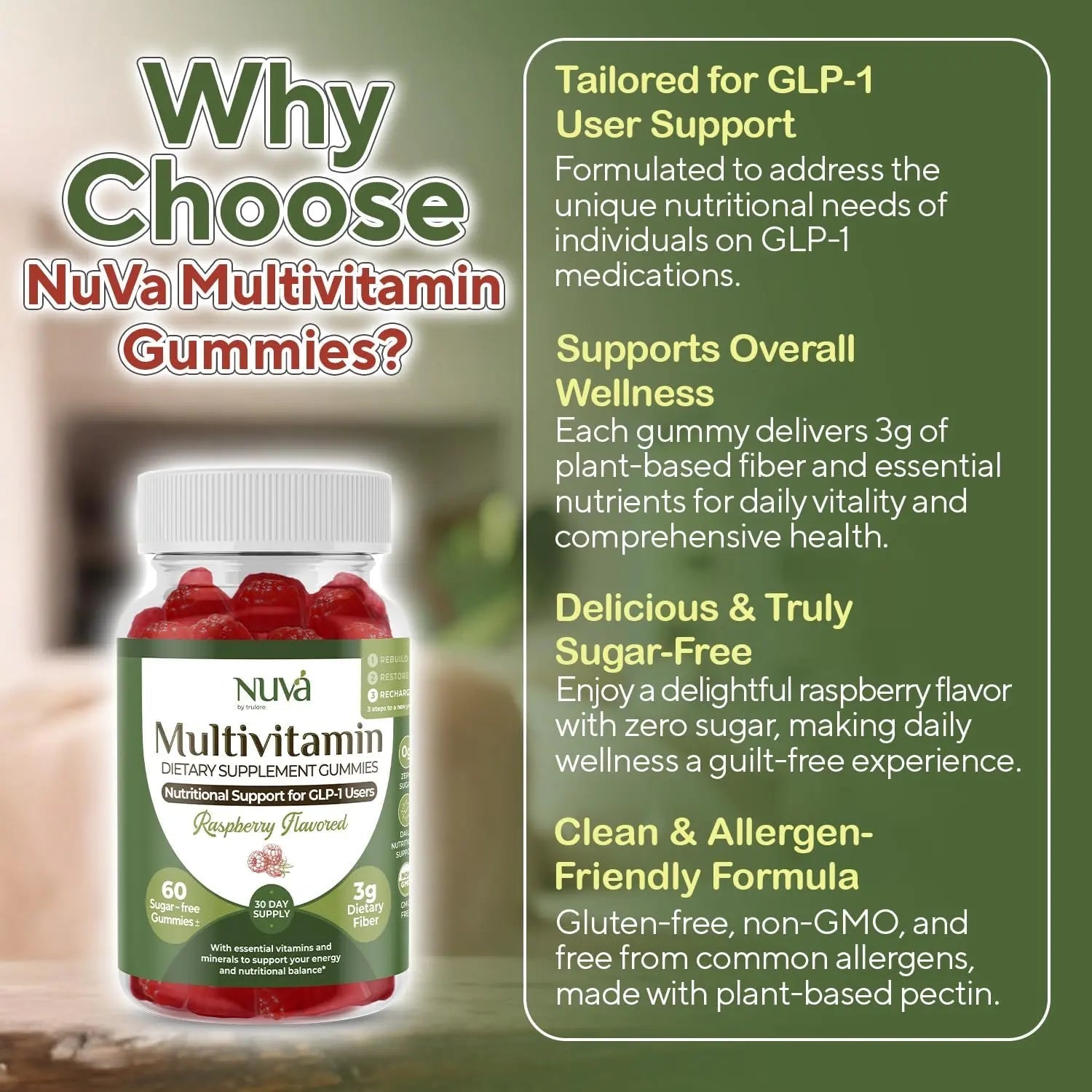 NuVa GLP-1 Support Multivitamin Gummies for Men & Women: Raspberry, Sugar-Free, 3g Fiber for Digestion & Gut Health NuVaAu supplements