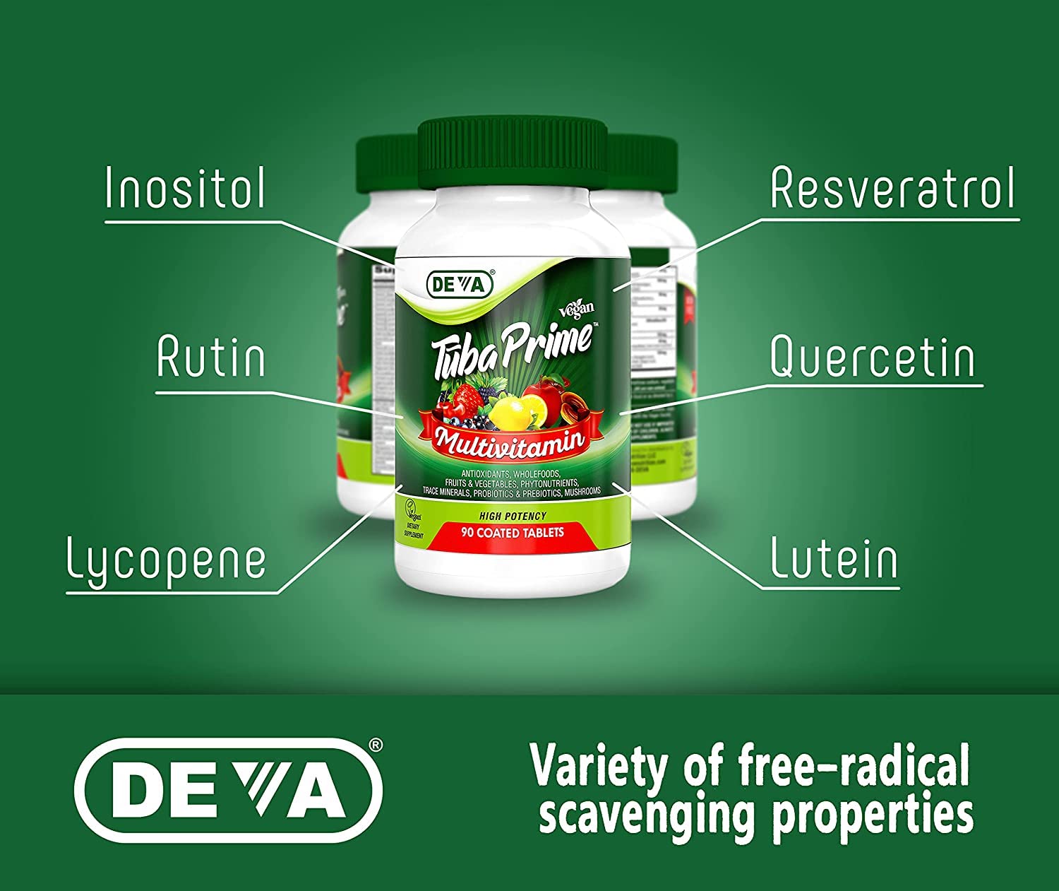 DEVA Tuba Prime Vegan Multivitamin Iron-Free High-Potency Vitamin & Mineral Dietary Supplement Antioxidants, Fruit & Veg Blend, Super Mushrooms, Probiotics, Prebiotics, Seeds, Herbs 90 Tabs 2-Pack DEVAAu supplements
