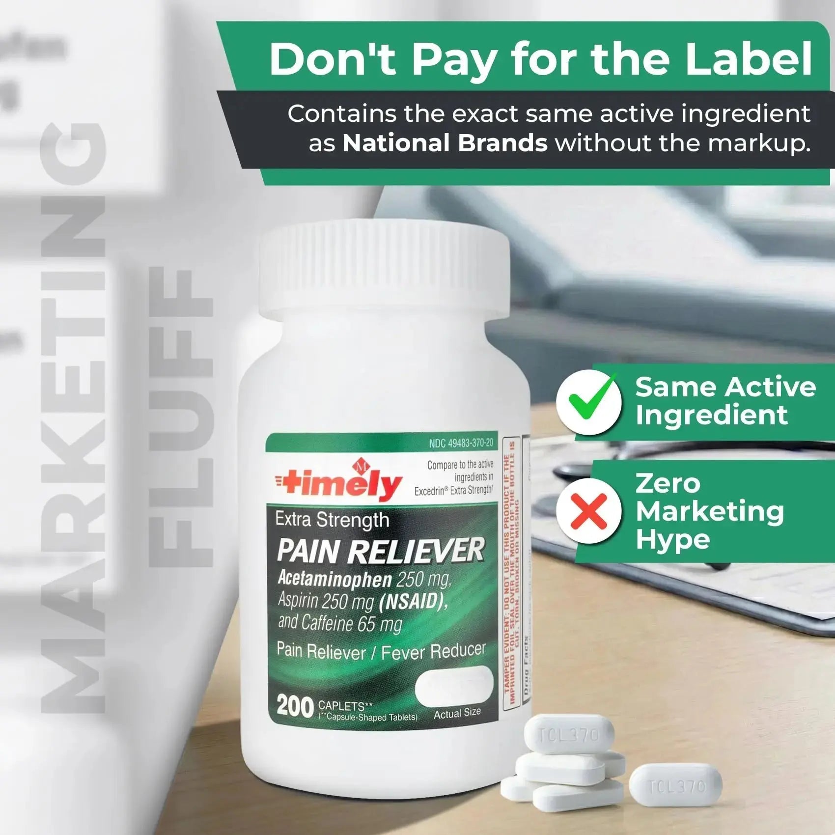 TIME-Cap Labs Extra Strength Acetaminophen 250mg with Aspirin 250mg & Caffeine 65mg Caplets - Triple Action Pain Reliever for Migraines & Headache Relief, Muscle Aches & Body Pain (200 Count) TIME-CAP LABS, INC.Au supplements