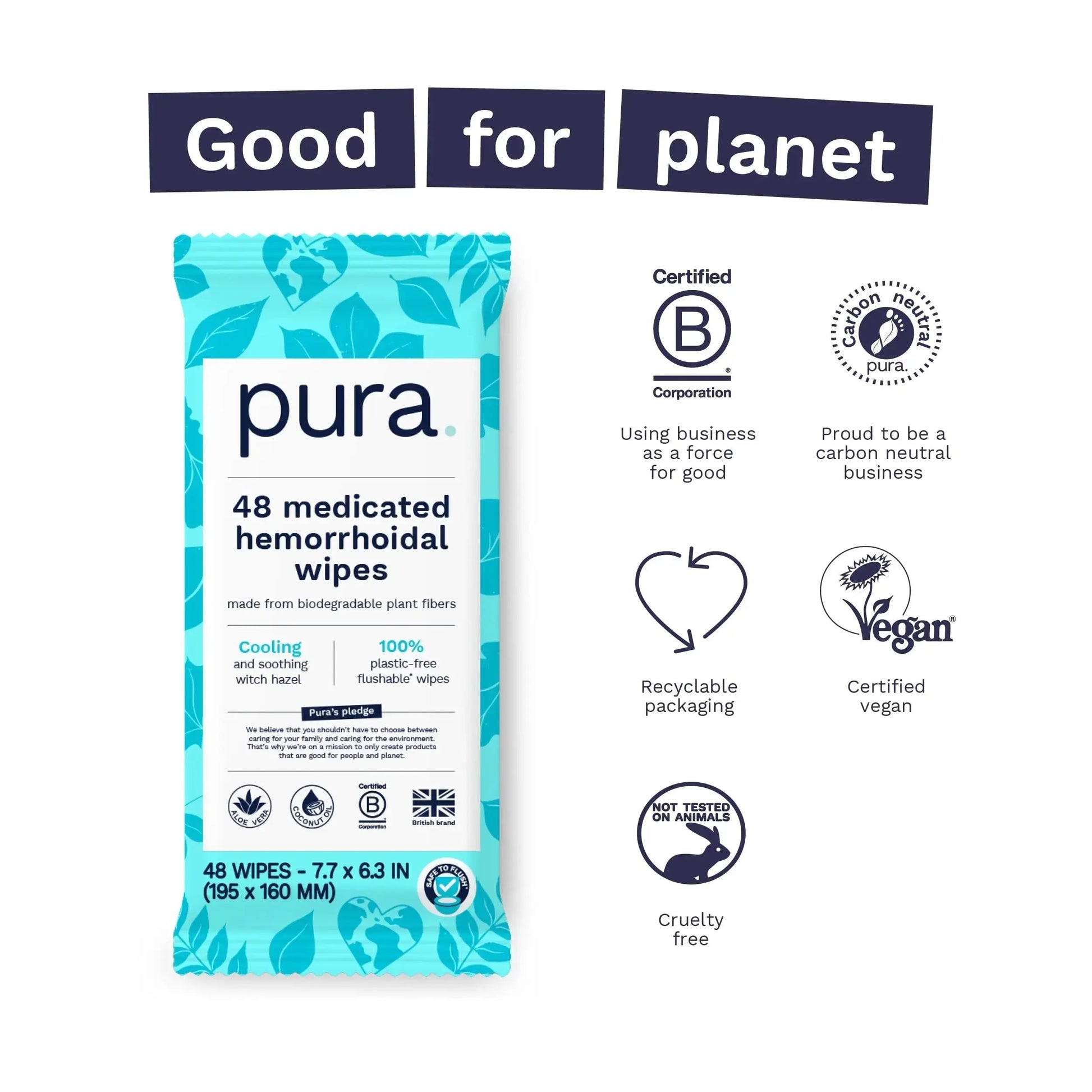 Pura Flushable Hemorrhoid Wipes XL, 48 Count, Medicated with Cooling Witch Hazel, Aloe & Coconut Oil, Fast Relief, Fragrance-Free, 100% Plastic-Free PuraAu supplements