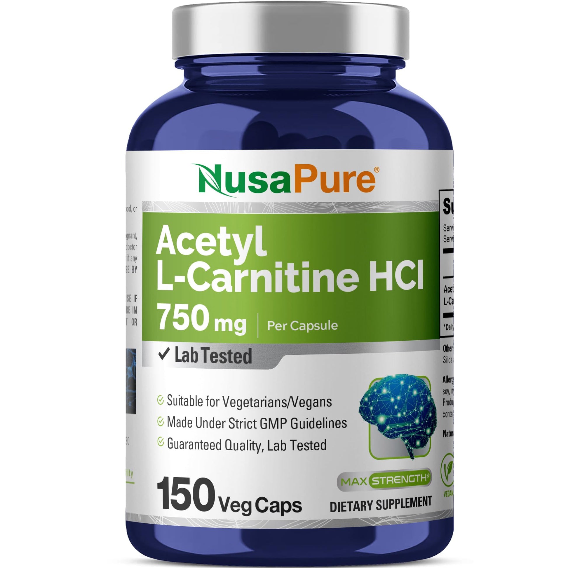 NusaPure Acetyl L-Carnitine 750mg per Caps 150 Veggie Capsules (Non-GMO, Vegan) High Potency Acetyl L Carnitine HCL (ALCAR) NusaPureAu supplements