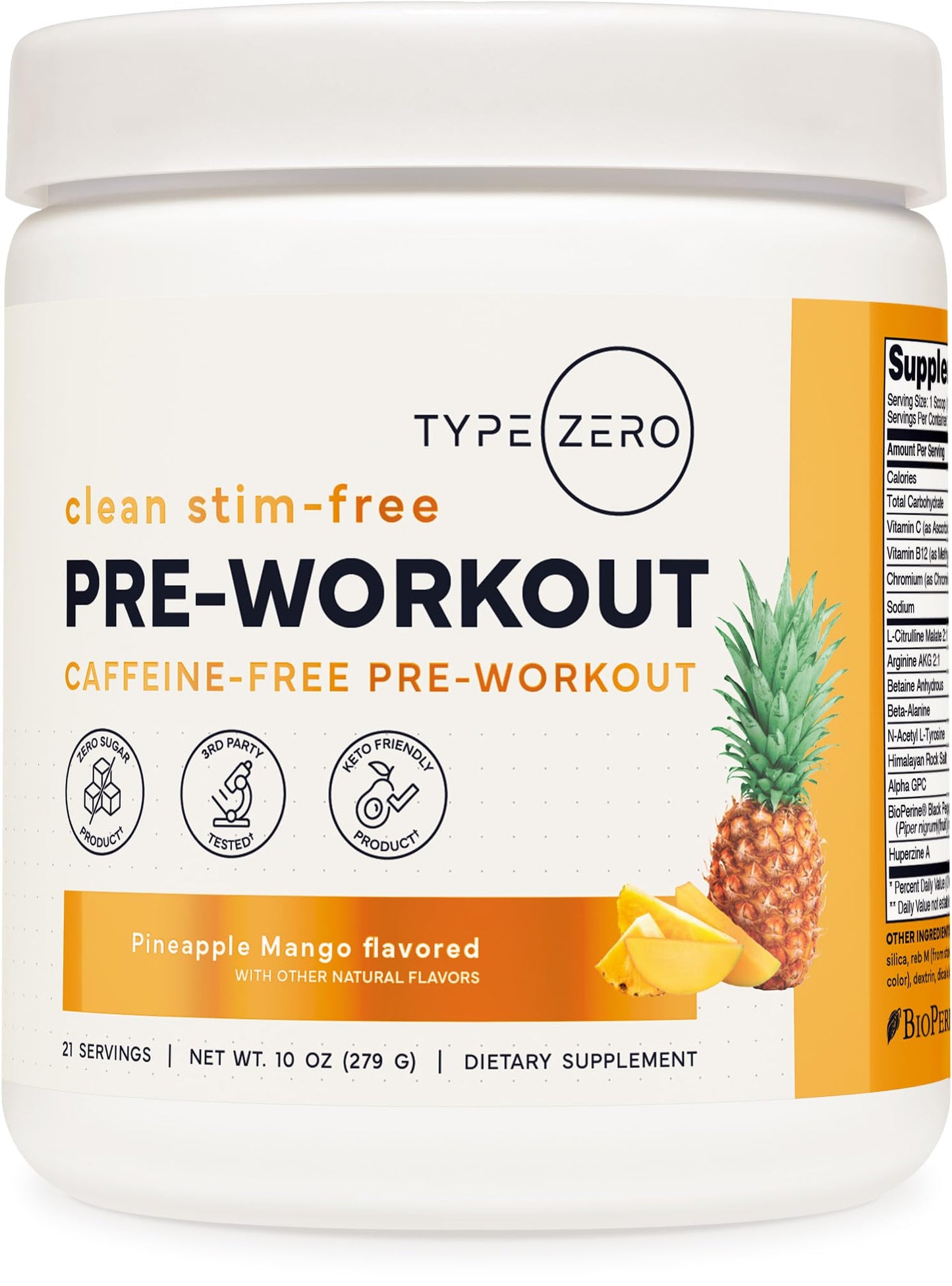 Type Zero Clean Stim Free Pre Workout Powder + Nitric Oxide Booster with L-Citrulline Malate, Arginine AKG, Beta Alanine - Caffeine & Stimulant Free - Pineapple Mango Flavor, 21 Servings Type ZeroUS supplements
