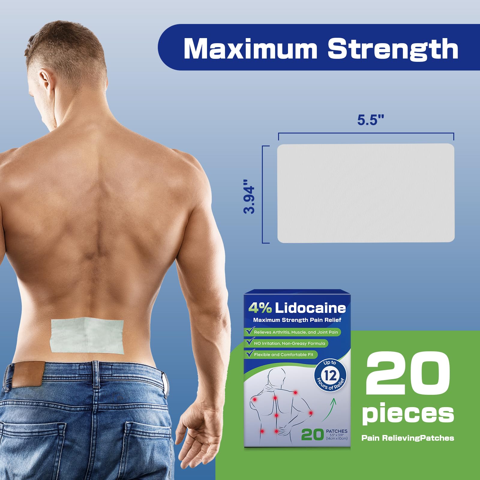 Uposiut 4% Lidocaine Patches - 20 Count Maximum Strength Lidocaine Patches, 10 Packs of 2 Patches for Muscle Pain Relief in The Neck, Shoulders, Back, Knees, and Anks, 12 Hour Pain Relief-012345 UposiutAu supplements